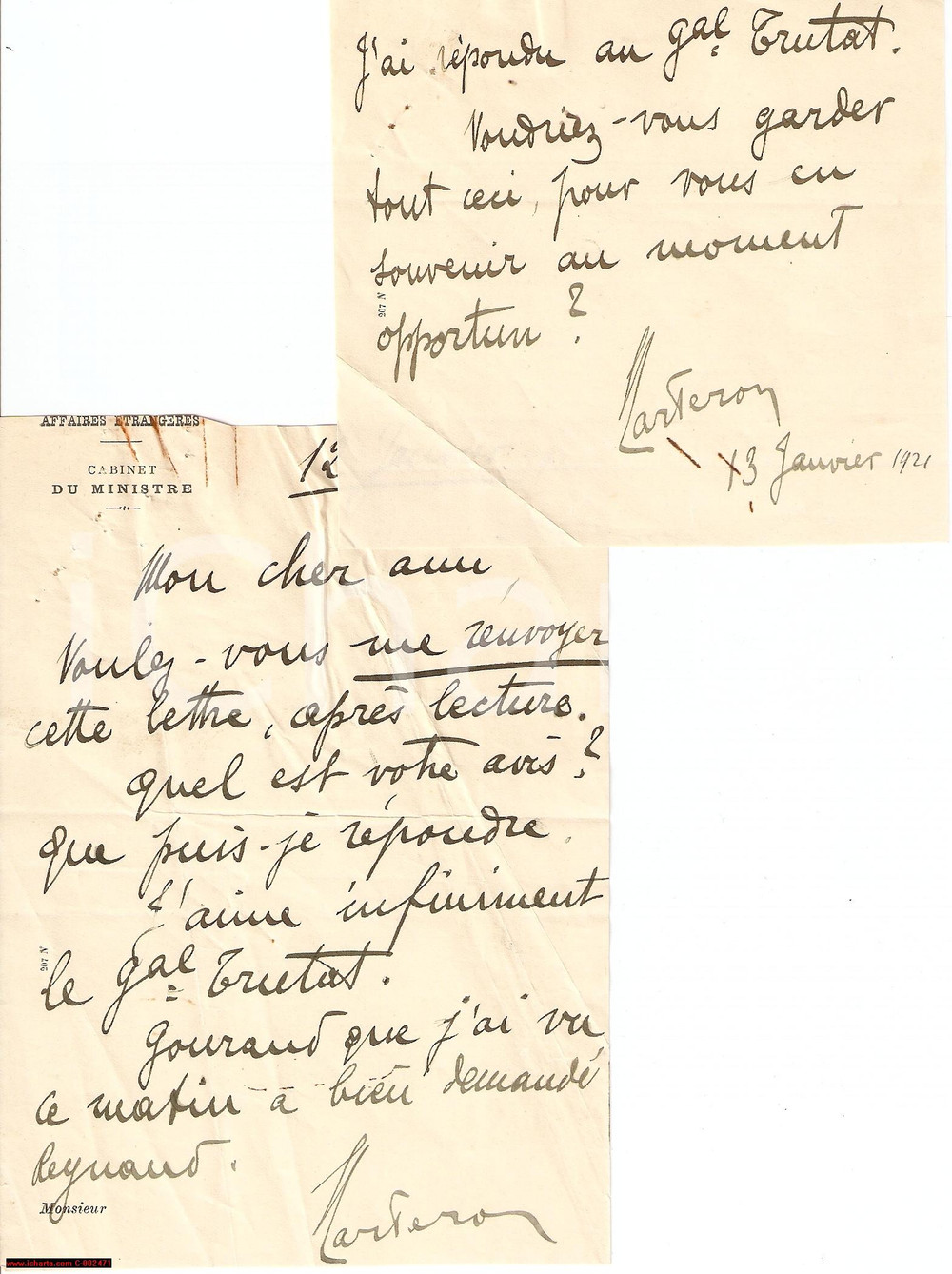 Autografo originale 1921 PARIGI Lotto 2 autografi MARTERON Ministero Esteri 1