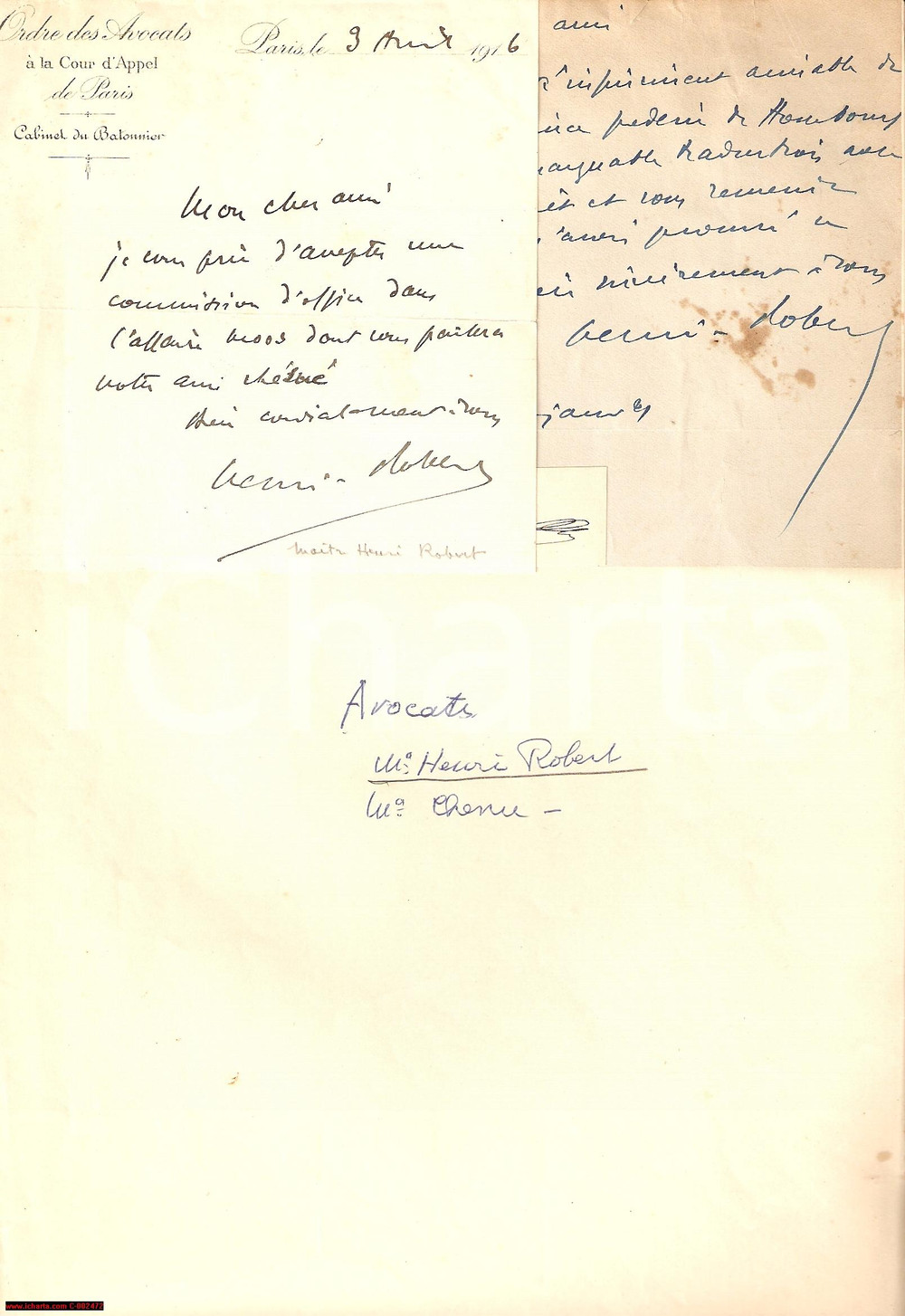 Autografo originale 1916 Lotto 2 autografi avvocato HENRI ROBERT e C. CHENU 1