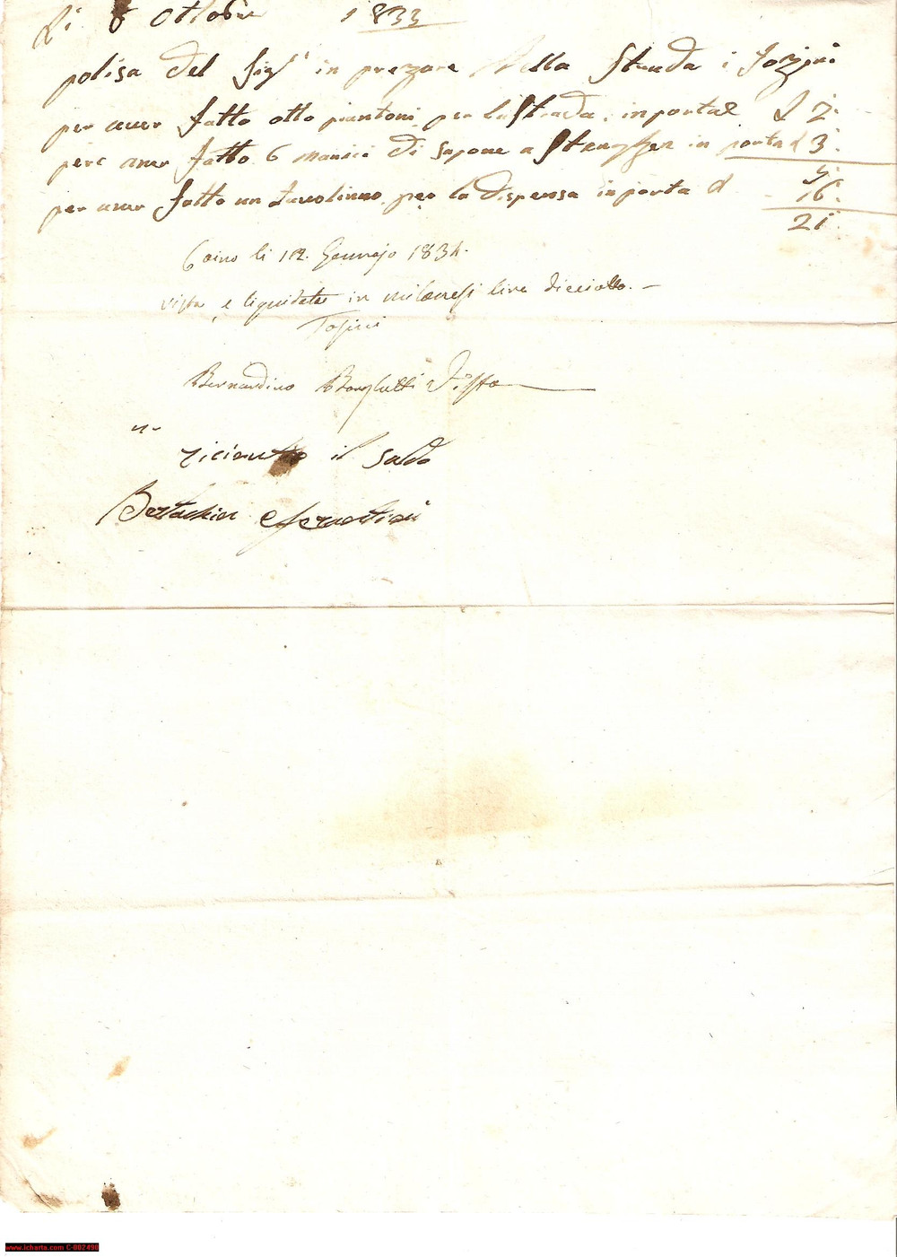 Documento originale, autentico 1834 CAINO (BS) Conto dell'impresario Vincenzo TOSINI 1
