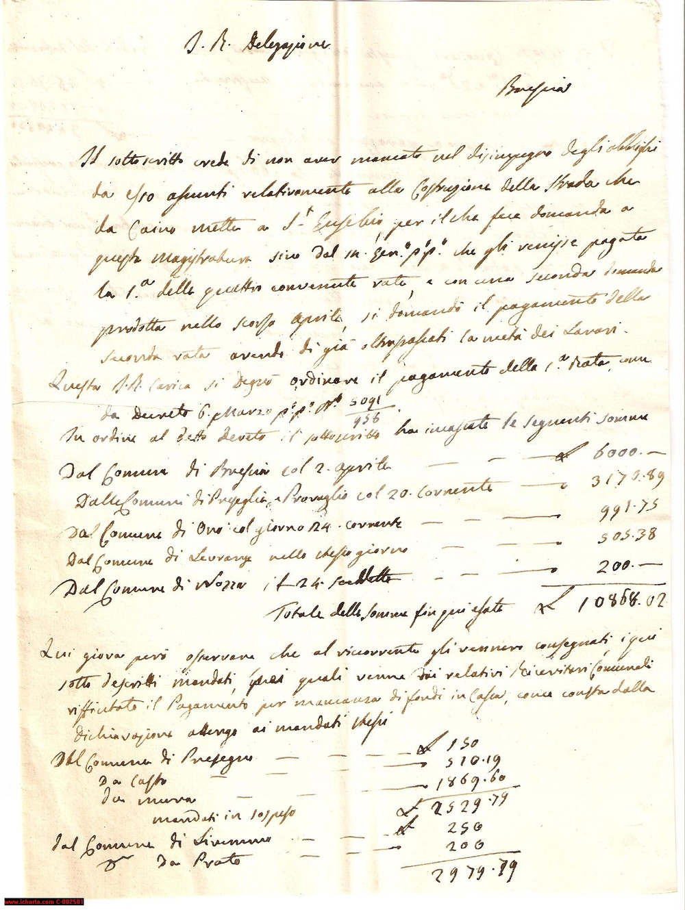 Documento originale, autentico 1834 LAVENONE (BS) Impresario TOSINI non pagato dai comuni - Lettera 1