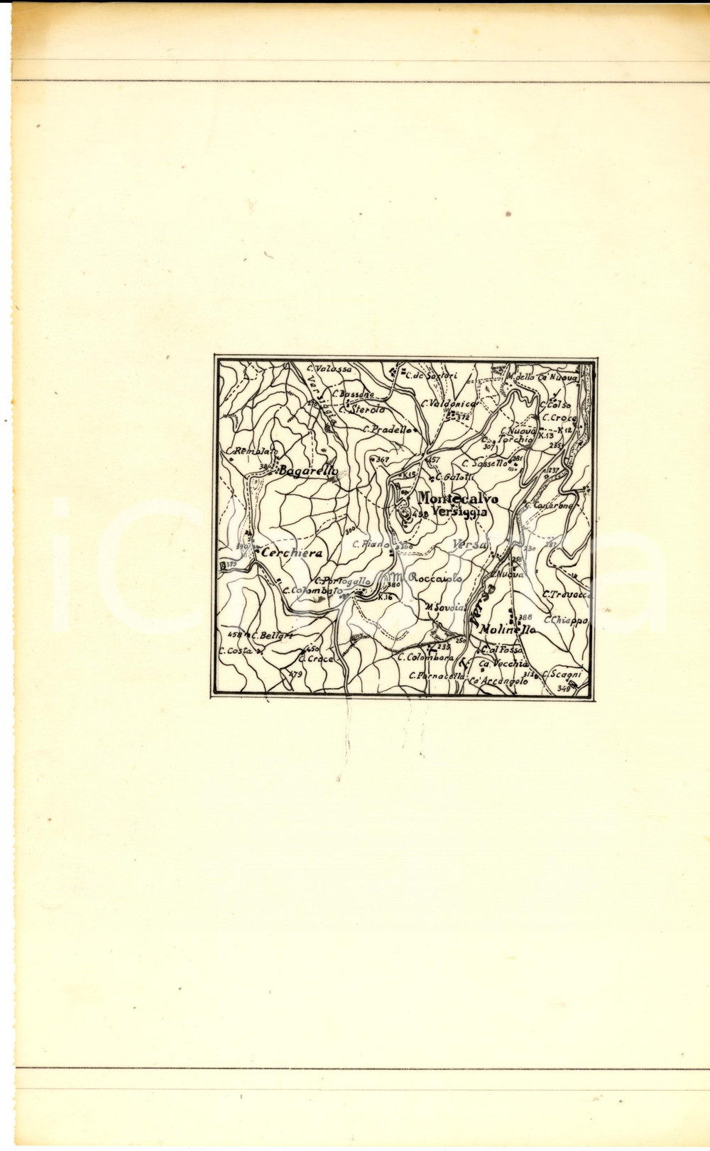 Documento originale, autentico 1950 ca MONTECALVO VERSIGGIA PV Mappa del territorio con rilievi 21x32 cm 1