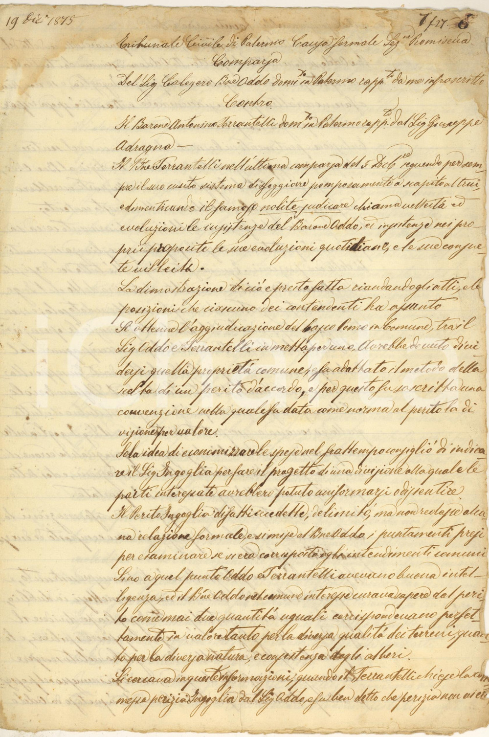Documento originale, autentico 1875 AGRIGENTO Lite per divisione BOSCO DEL POMO - Baroni ODDO e FERRANTELLI 1