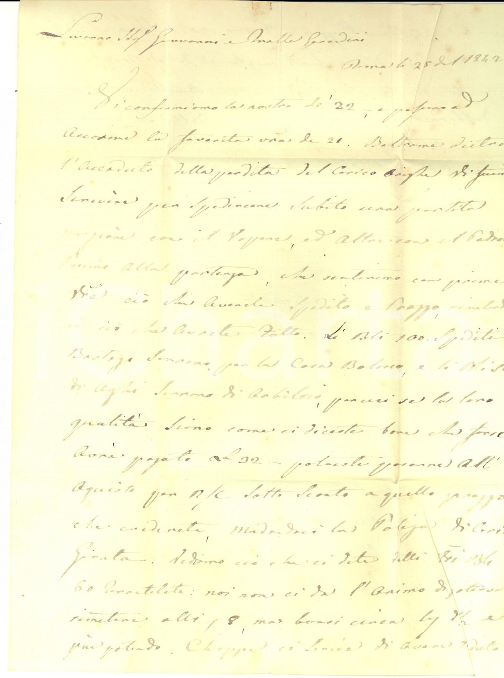 Manoscritto, lettera originale 1842 ROMA Luigi COSTA a Giovanni GIRAUDINI sulla perdita di un carico di aringhe 1