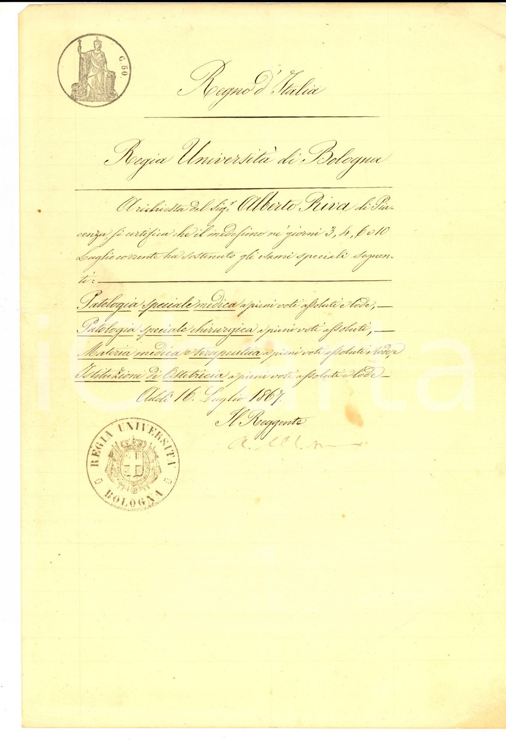 Documento originale, autentico 1867 Università di BOLOGNA Certificato esami Alberto RIVA  Medicina e Chirurgia 1