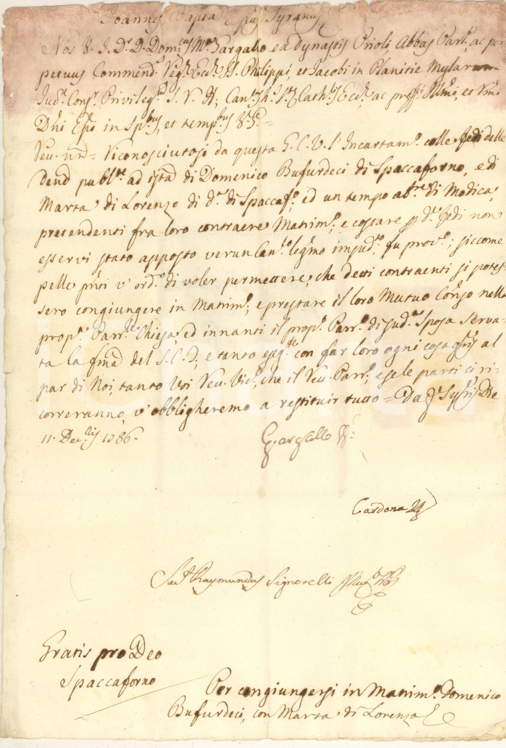 Documento originale, autentico 1786 ISPICA Nozze Domenico BUFURDECI Marta DI LORENZO  Documento 1