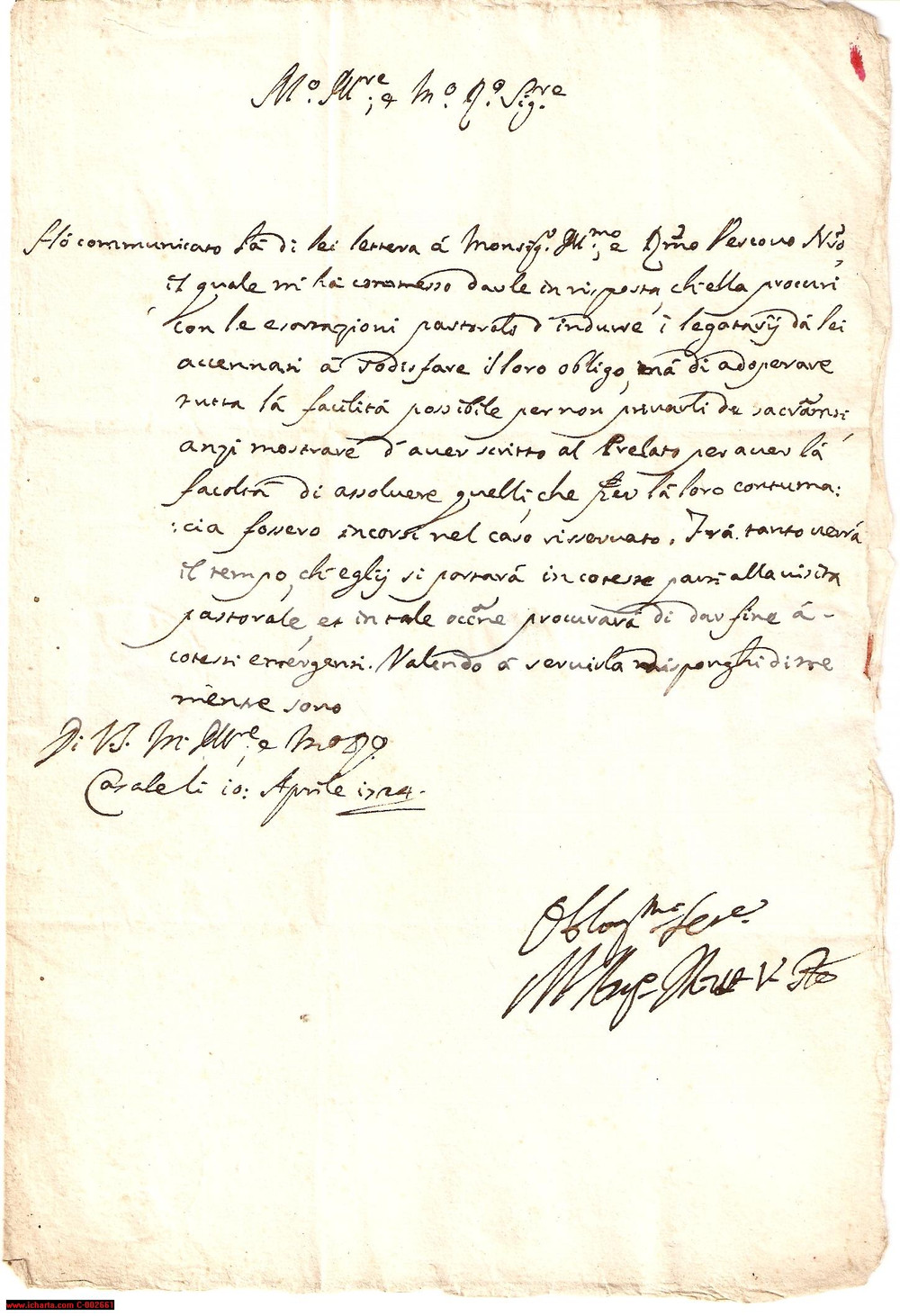 Manoscritto, lettera originale 1724 CASALE MONFERRATO Consigli al preposto di ODALENGO GRANDE Lettera 1