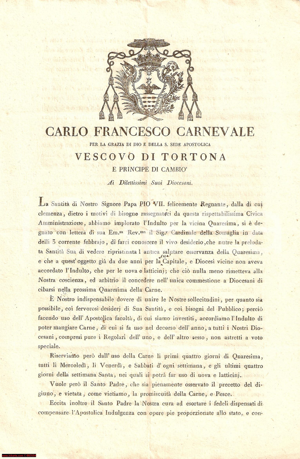Documento originale, autentico 1821 TORTONA Vescovo C.F. CARNEVALE Discorso su Quaresima e digiuno 1
