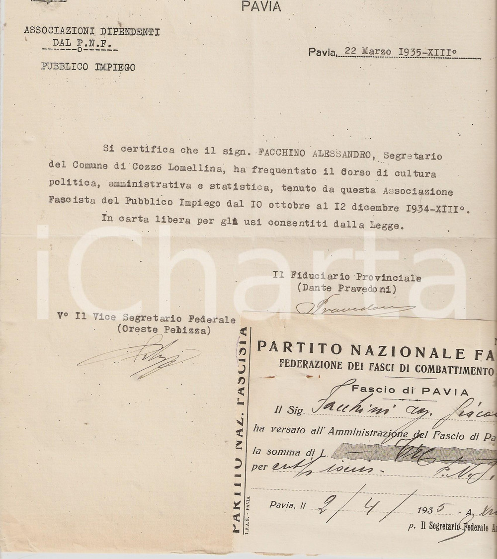 Documento originale, autentico 1935 PNF COZZO LOMELLINA PV Corso di cultura fascista  Certificato 1