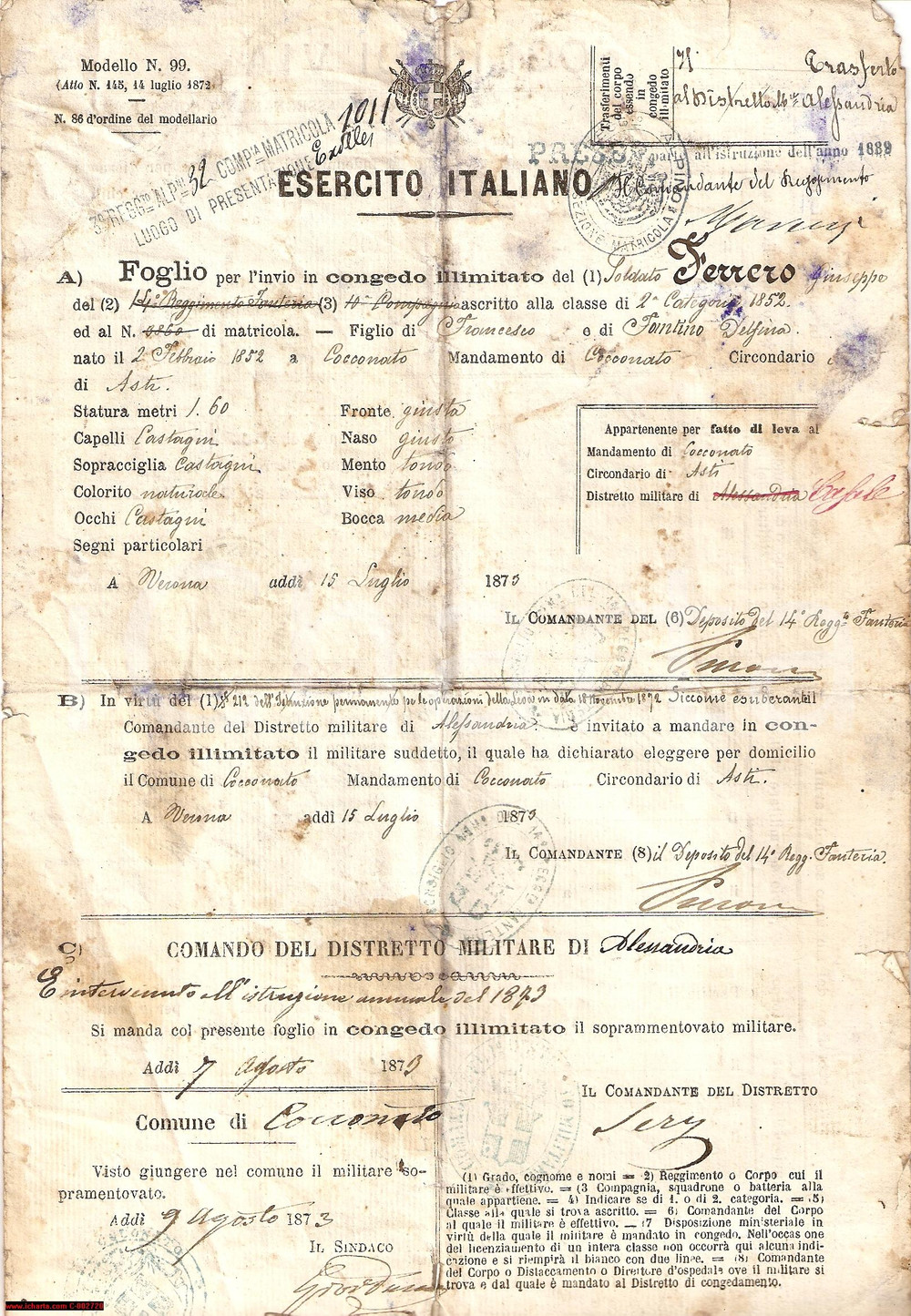 Documento originale, autentico 1873 COCCONATO AT Congedo illimitato soldato Giuseppe FERRERO 1