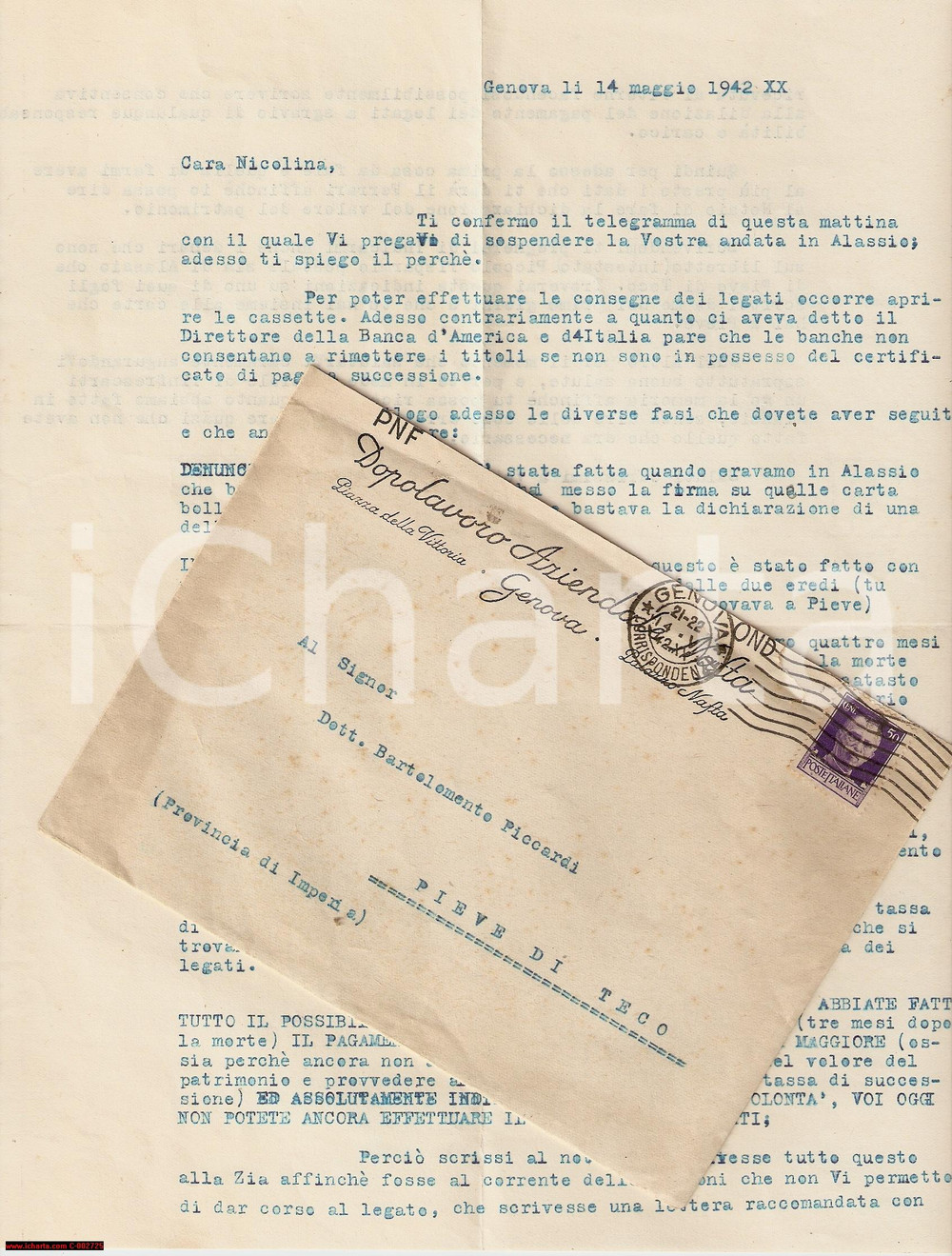 Documento originale, autentico 1942 ALASSIO Norme per ottenere ereditÃ  - Lettera a Bartolomeo PICCARDI 1