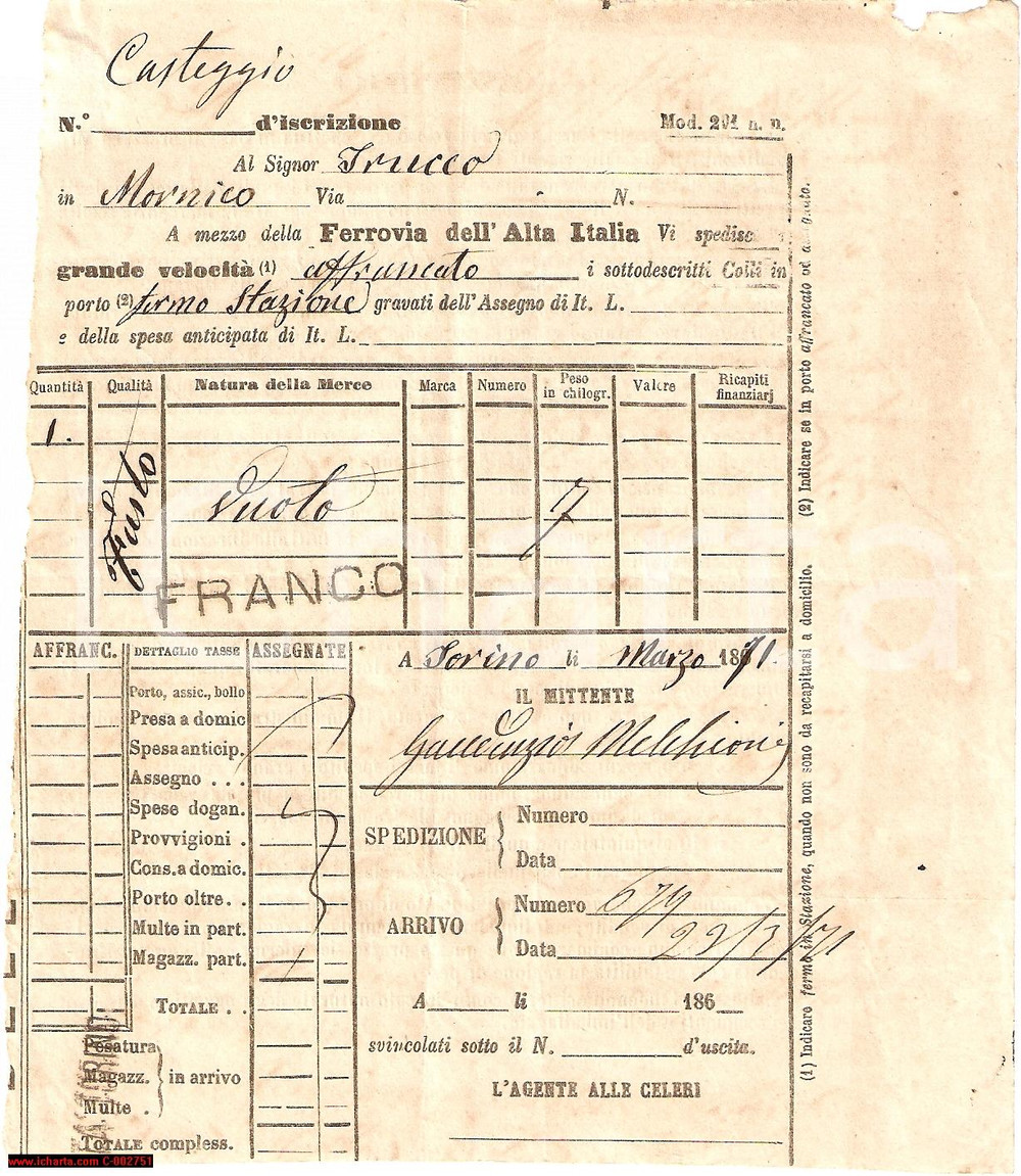 Documento originale, autentico 1871 CASTEGGIO Ferrovie Alta Italia  Ricevuta Gaudenzio MELCHIONI  Fusti 1