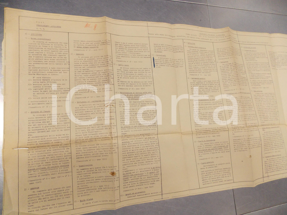 Documento originale, autentico 1940 ca TORINO FIAT AUTOCENTRO Norme disciplinari per operai *Manifesto 45x70 1