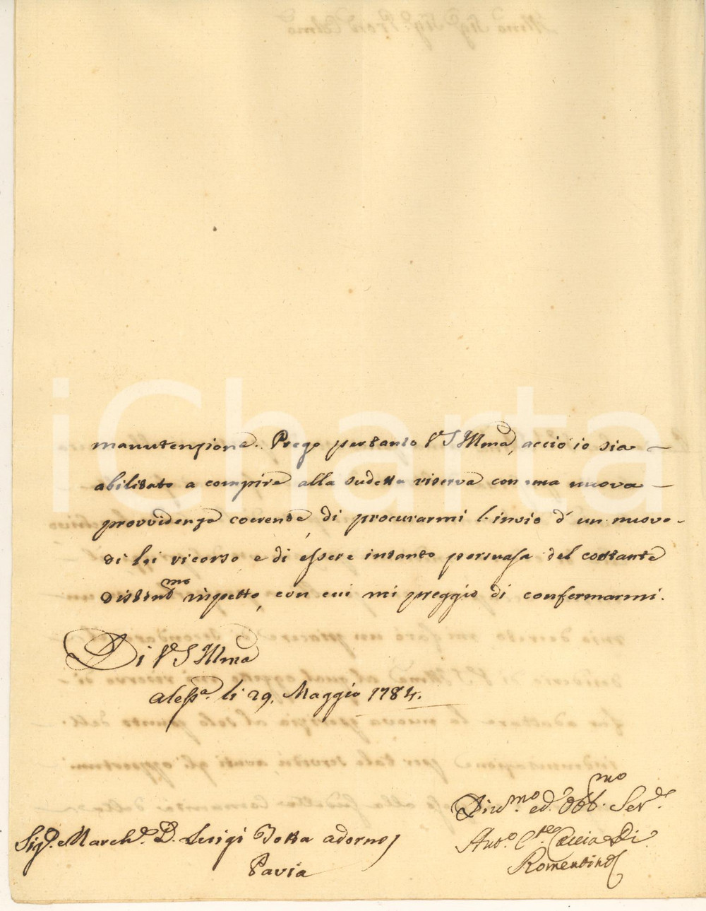 Documento originale, autentico 1784 SOMMO (PV) Antonio CACCIA ROMENTINO sulla perizia per un fondo boschivo 1