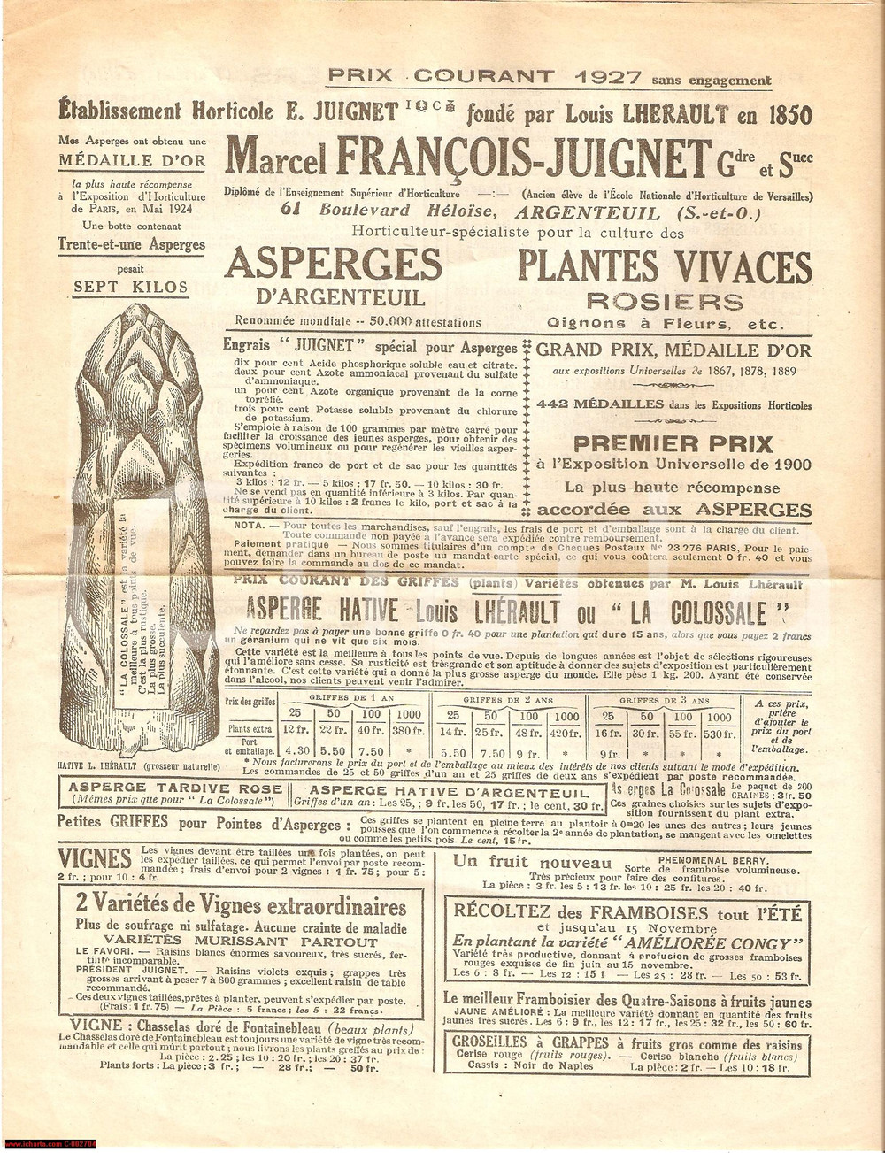Materiale pubblicitario d’epoca 1927 ARGENTEUIL Marcel François JUIGNET Stabilimento ortofrutticolo Pieghevole 1
