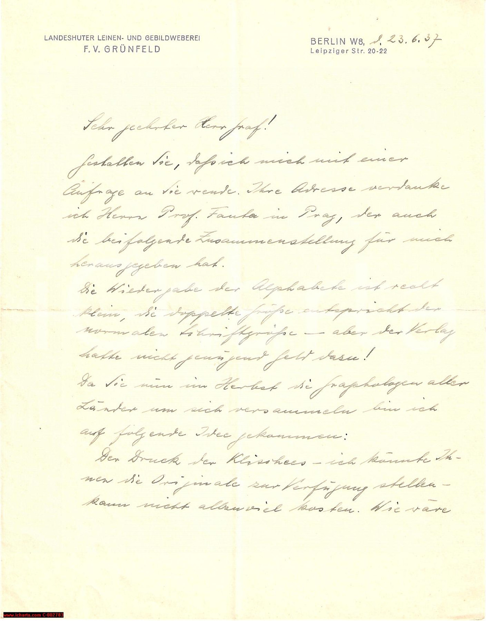 Manoscritto, lettera originale 1937 BERLINO Franz Viktor GRUNFELD  Lettera congresso grafologia 1