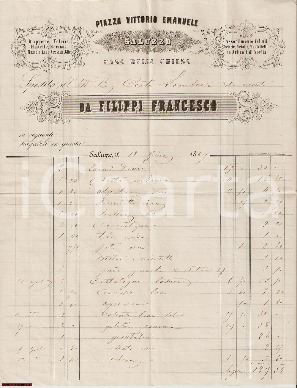 Documento originale, autentico 1869 SALUZZO (CN) Francesco FILIPPI drapperie e telerie - Fattura 1