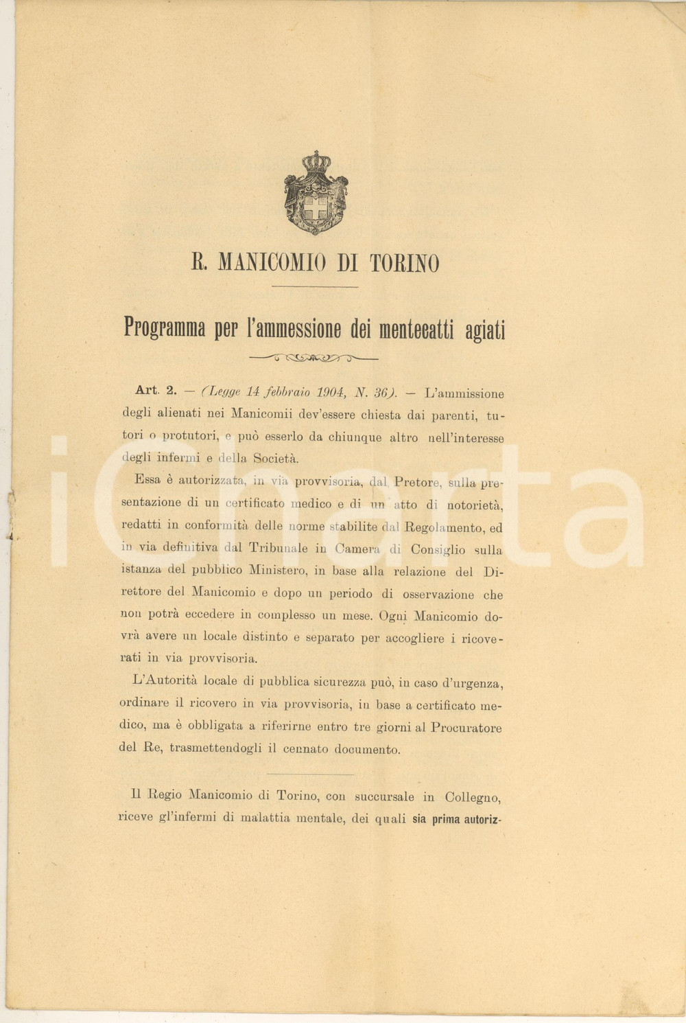 Documento originale, autentico 1904 TORINO Regio MANICOMIO Programma per ammissione di mentecatti agiati 1