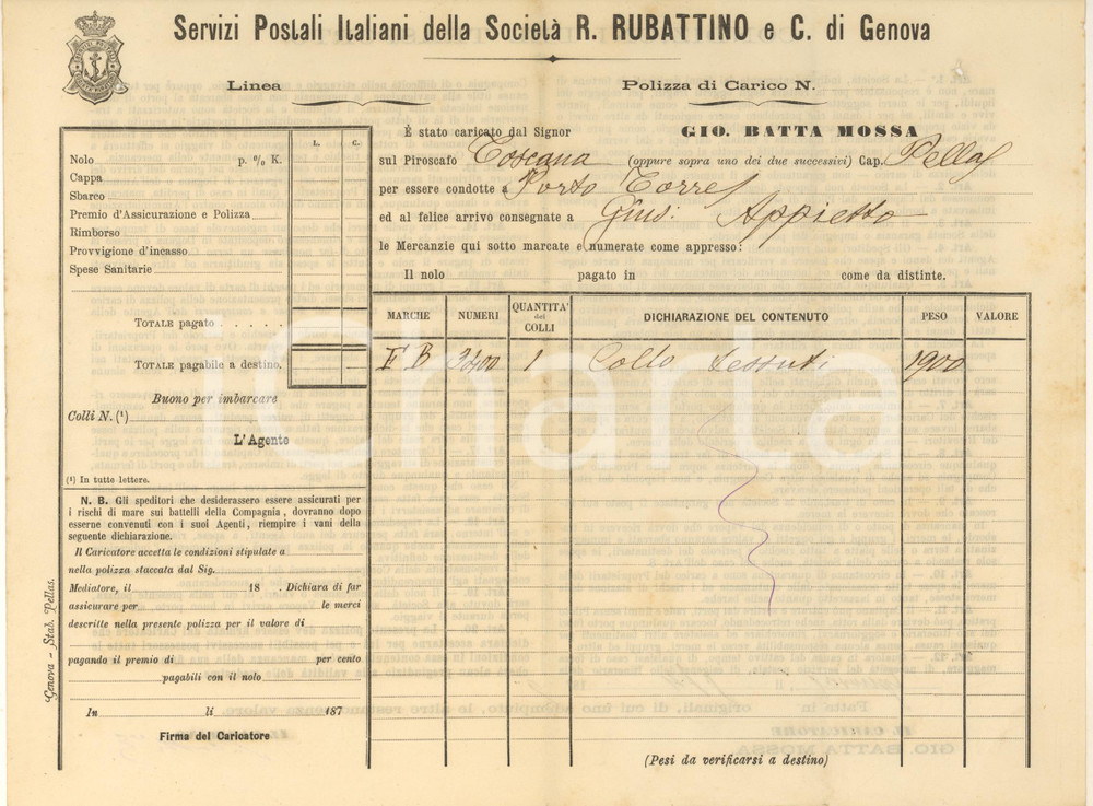 Documento originale, autentico 1879 GENOVA Servizi Postali RUBATTINO Spedizione pelle e tessuti in Sardegna 1