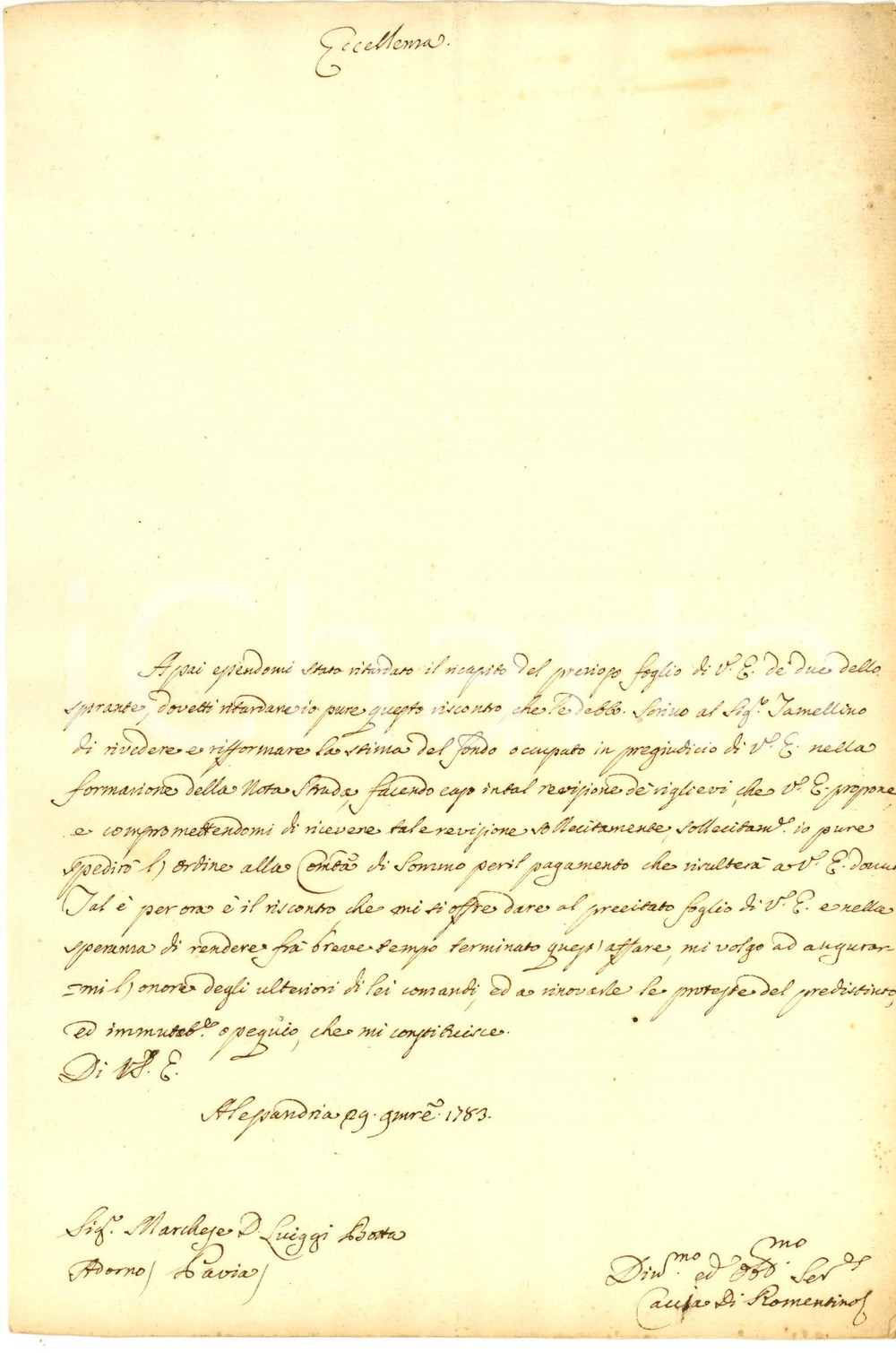 Documento originale, autentico 1783 ALESSANDRIA Conte Antonio CACCIA DI ROMENTINO sollecita un pagamento 1