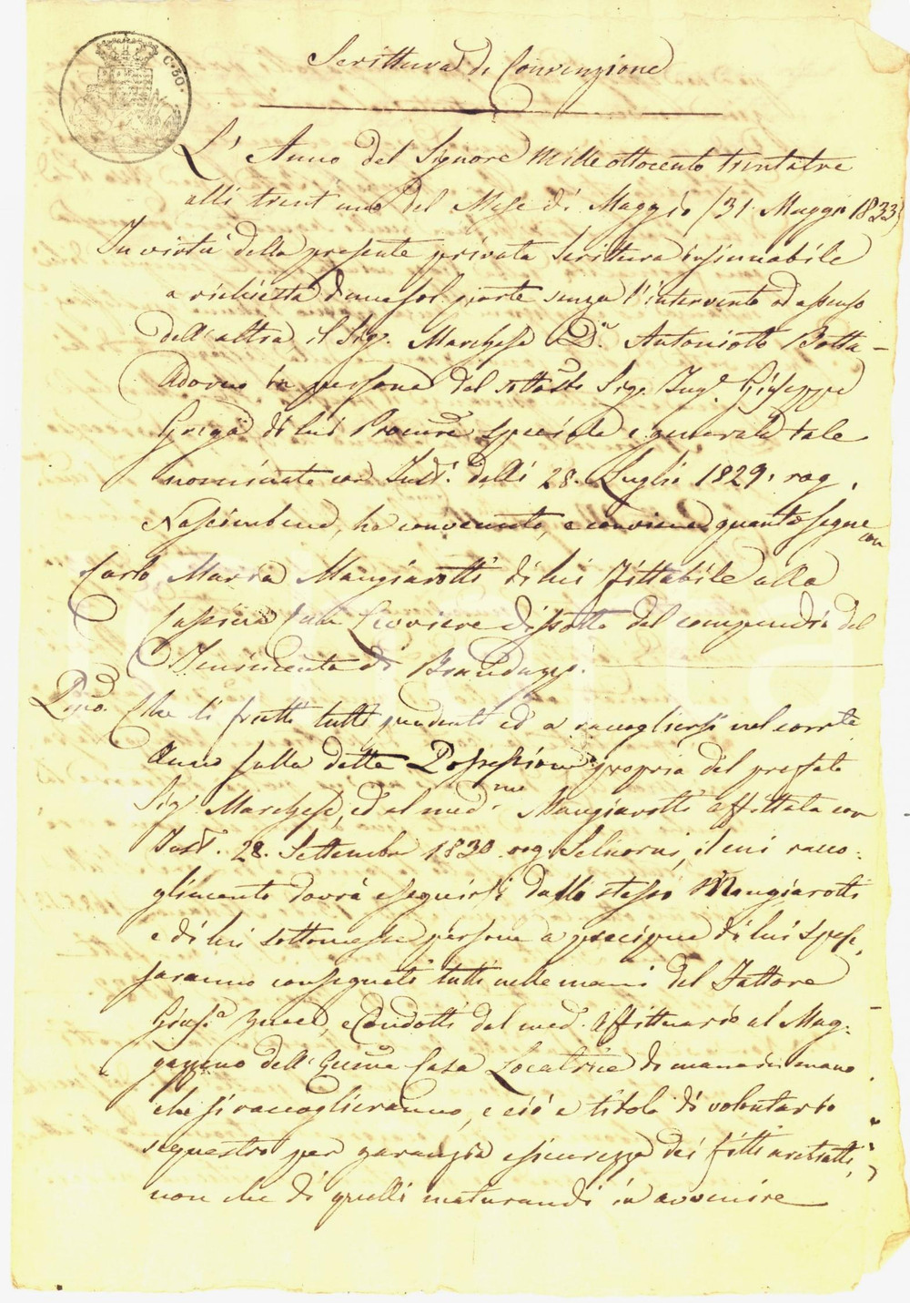 Documento originale, autentico 1833 BRANDUZZO Convenzione affitti tra Carlo MANGIAROTTI e marchese BOTTA ADORNO 1