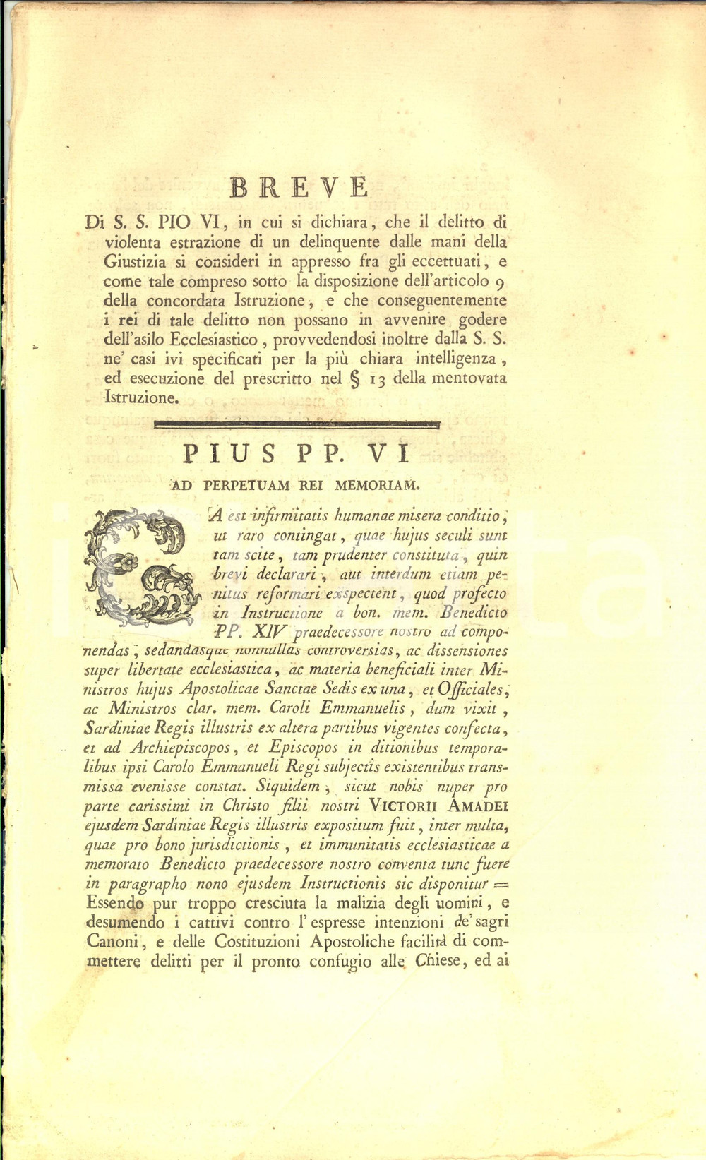 Documento originale, autentico 1782 ROMA Papa PIO VI Ad perpertuam rei memoriam - Abuso asilo ecclesiastico 1