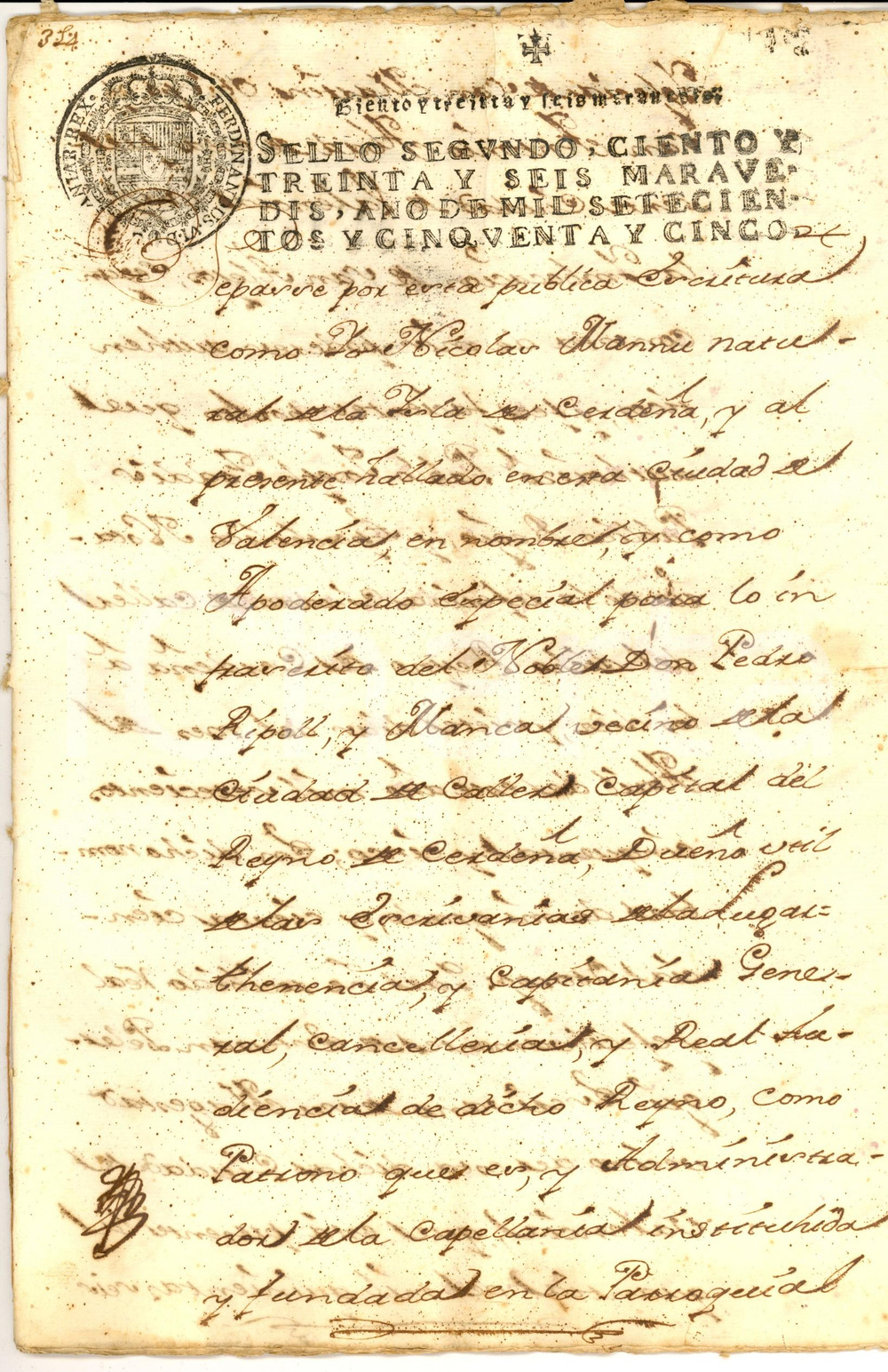 Documento originale, autentico 1755 VALENCIA Atto di don Nicola MANNU su cappellania di don Pedro RIPOLL 1