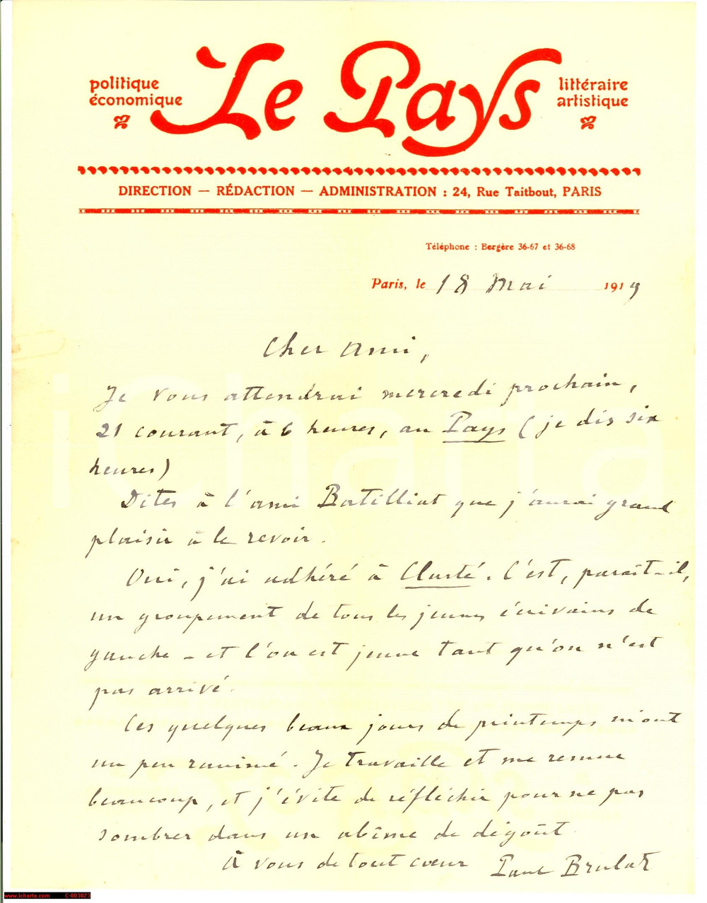 Autografo originale 1919 PARIS - LE PAYS - Paul BRULAT aderisce a CLARTE' Autografo 1