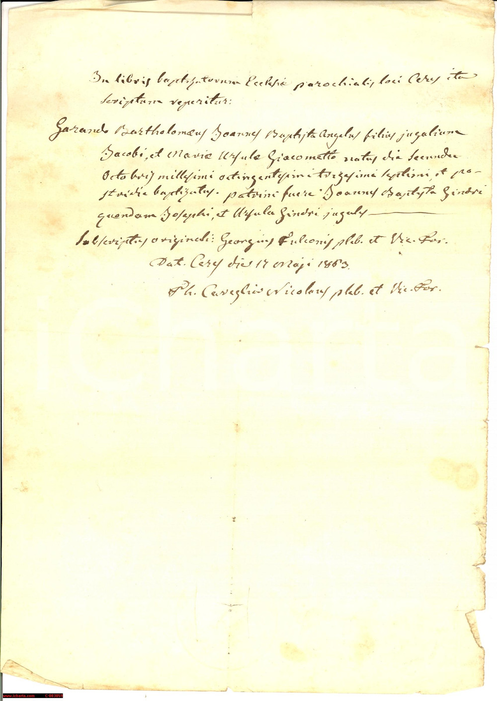 Documento originale, autentico 1863 CERES TO Battesimo di Bartolomeo GARANDO  Certificato 1