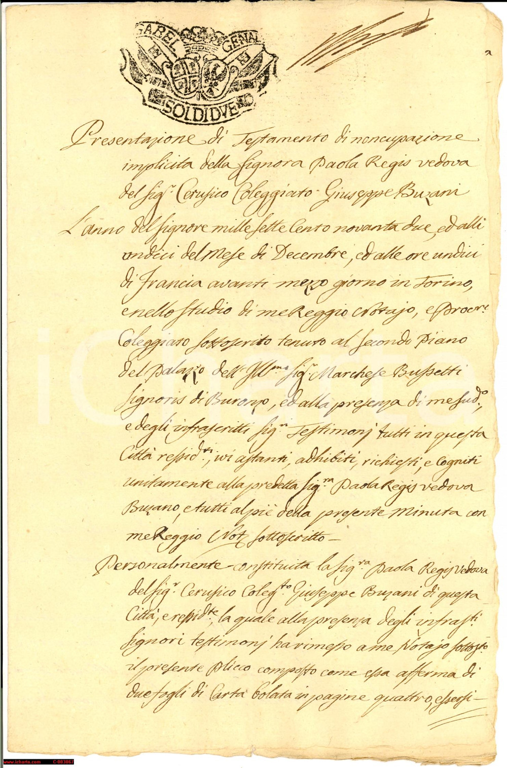 Documento originale, autentico 1793 TORINO Paola REGIS BUZZANI deposita testamento - Manoscritto 1