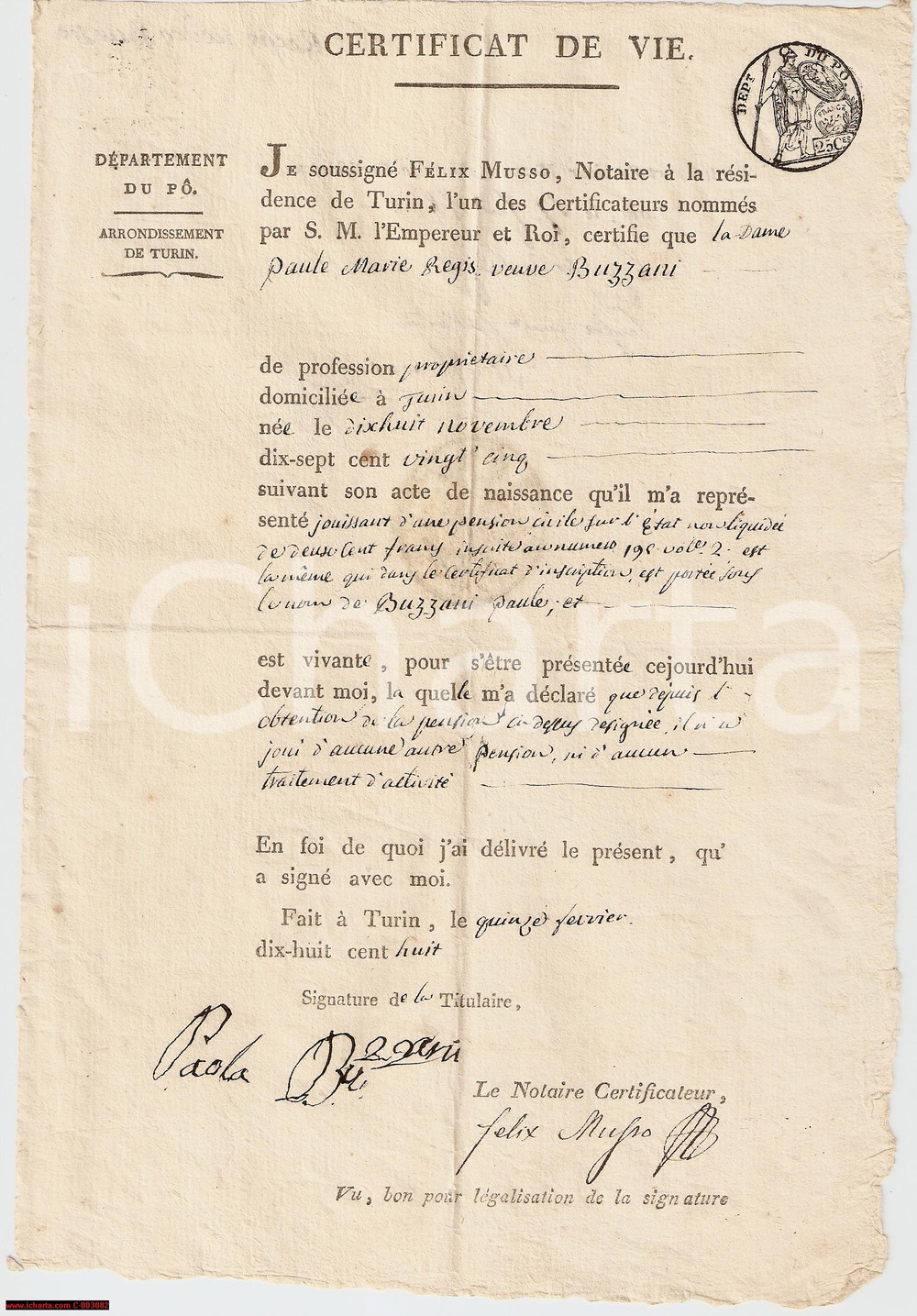 Documento originale, autentico 1808 TORINO DÃ©partement du PO - Certificato di vita Paola REGIS BUZZANI 1