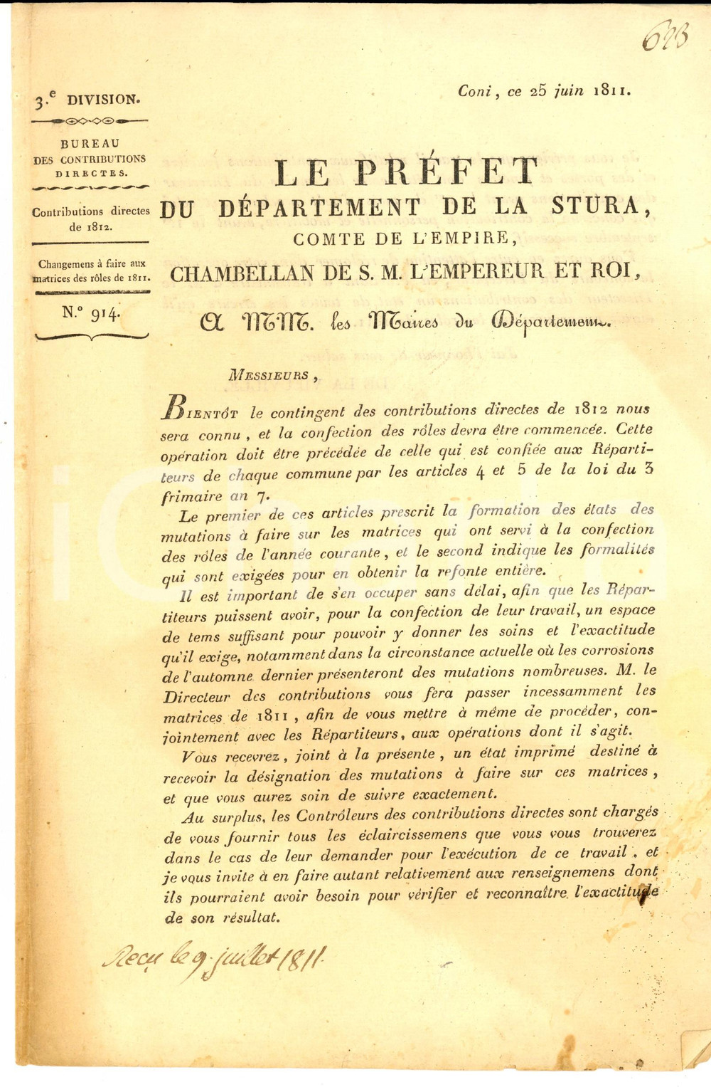 Documento originale, autentico 1811 CUNEO Dipartimento della STURA - Cambiamenti matrici dei ruoli *Lettera 1