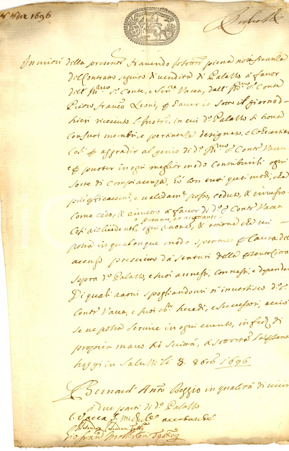 Documento originale, autentico 1696 SALUZZO Cessione ragioni Bernard Antonio REGGIO al conte Francesco VACCA 1
