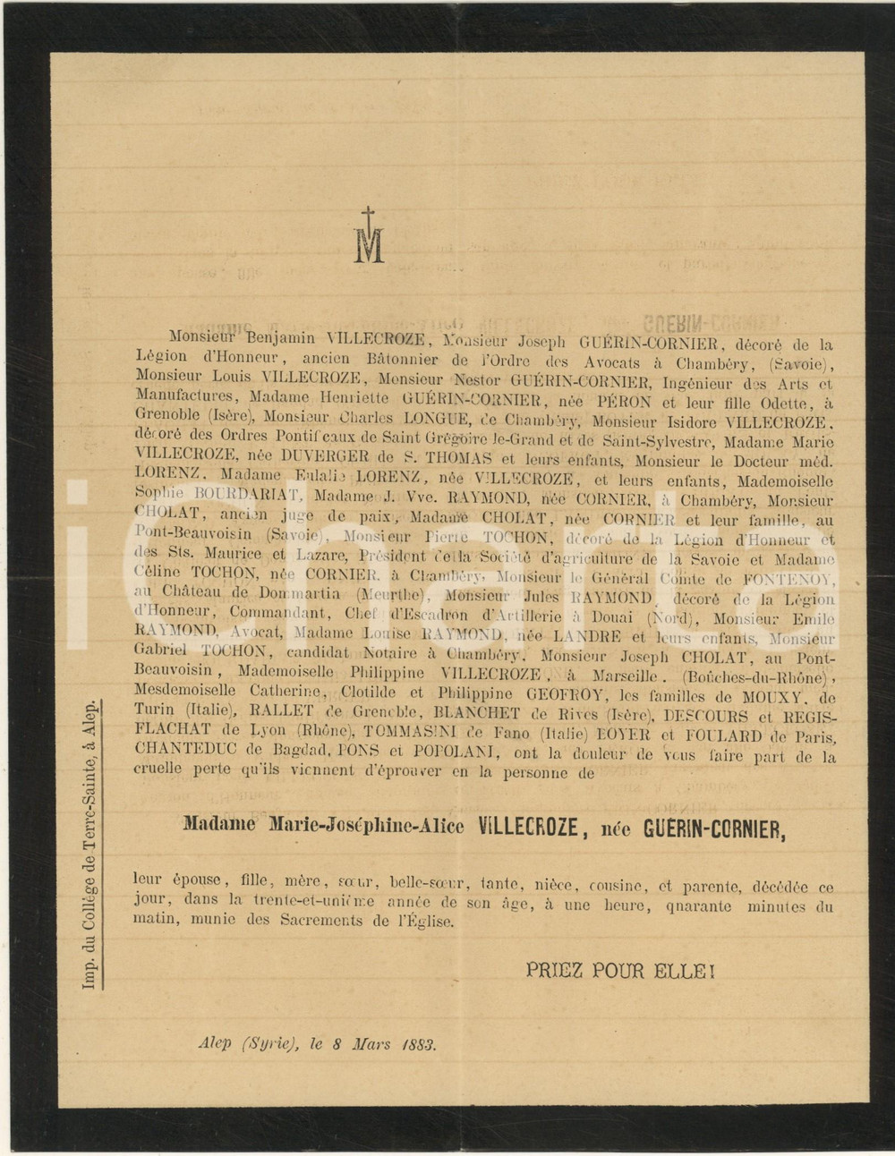 Documento originale, autentico 1883 ALEP SYRIE Avis de décès MarieJoséphineAlice GEURINCORNIER VILLECROZE 1