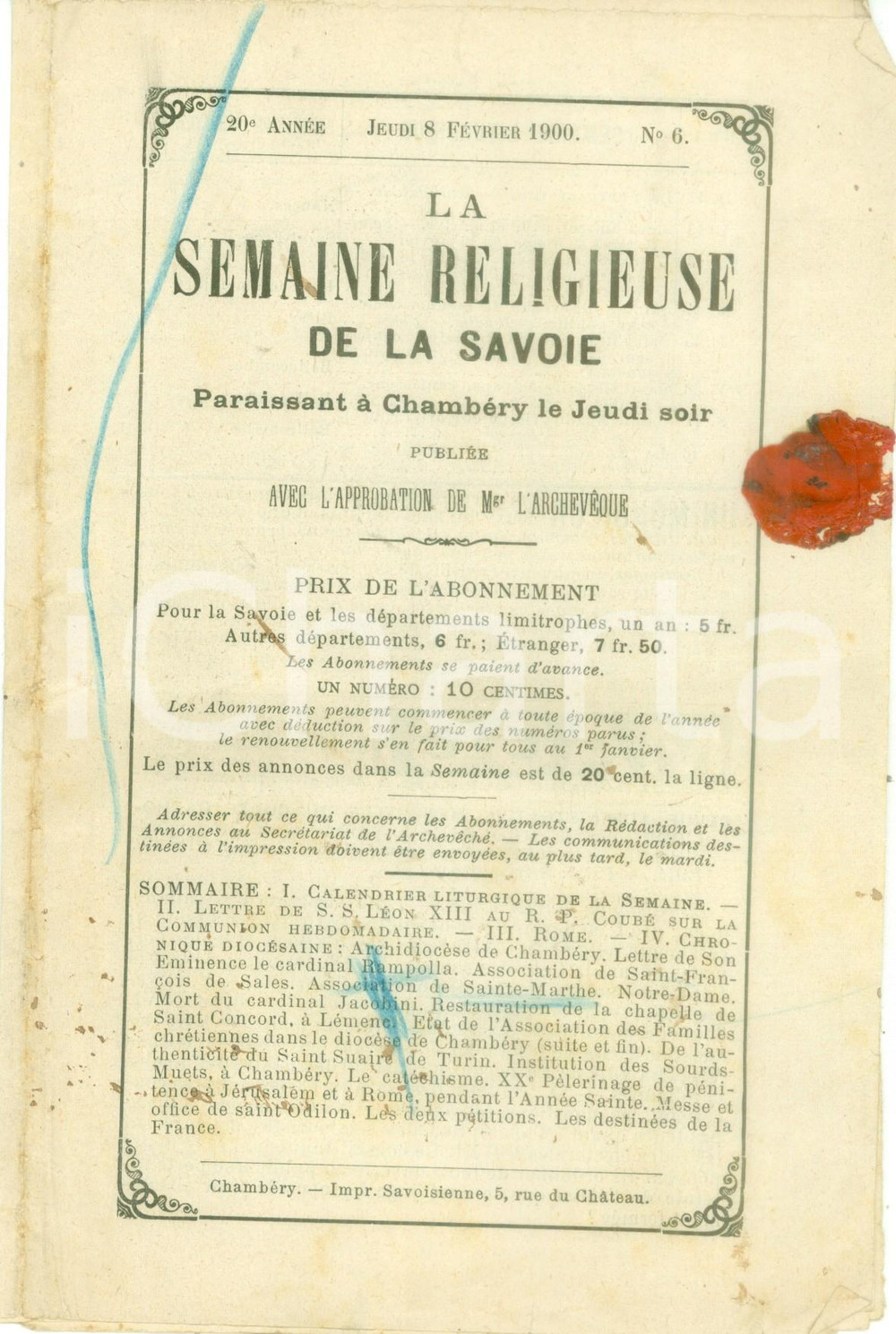 Giornale, rivista storica 1900 CHAMBERY La Semaine Religieuse de la SAVOIE Pubblicazione anno XX n. 6 1