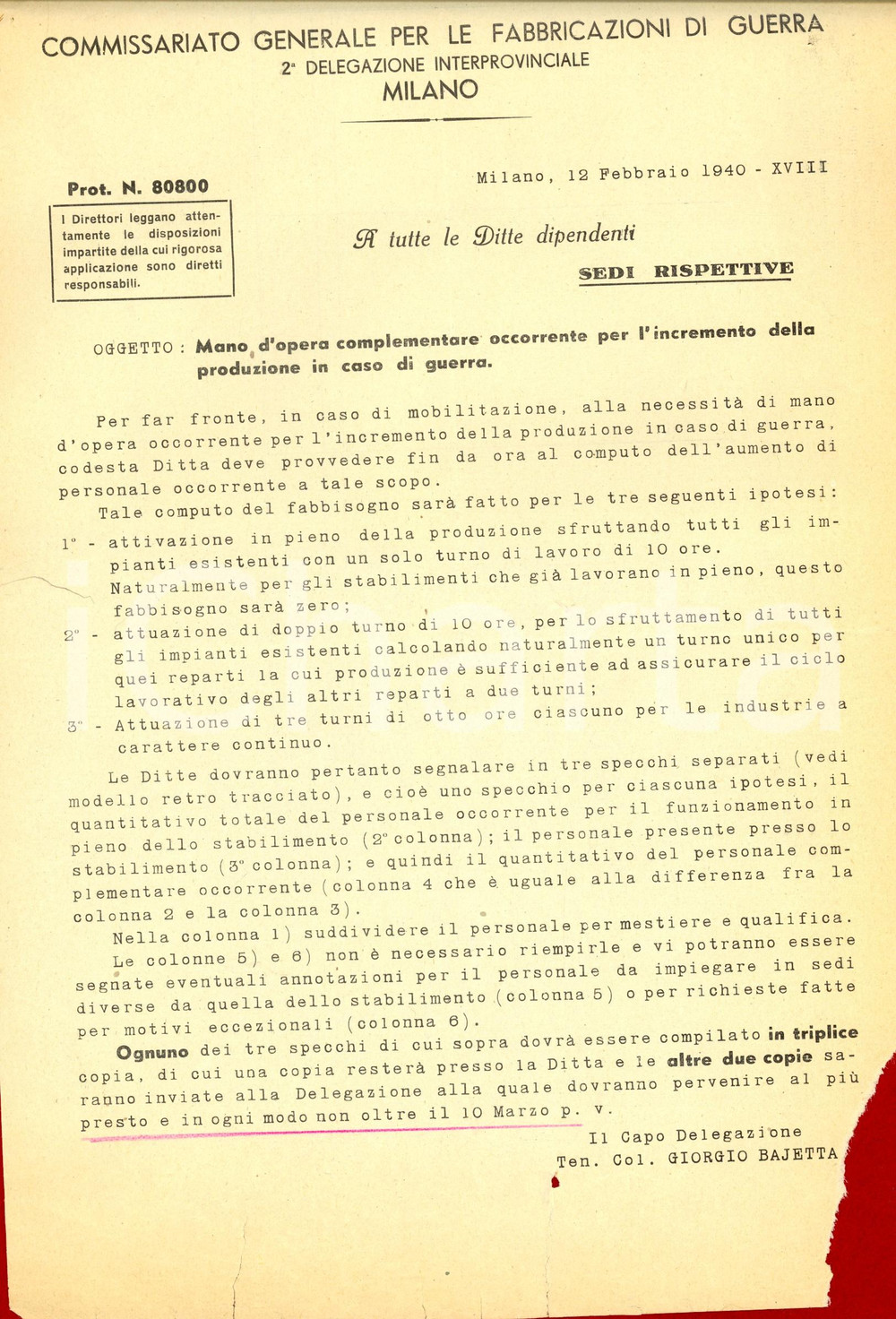Documento originale, autentico 1940 WW2 MILANO Manodopera complementare per produzione in guerra *Lettera 1