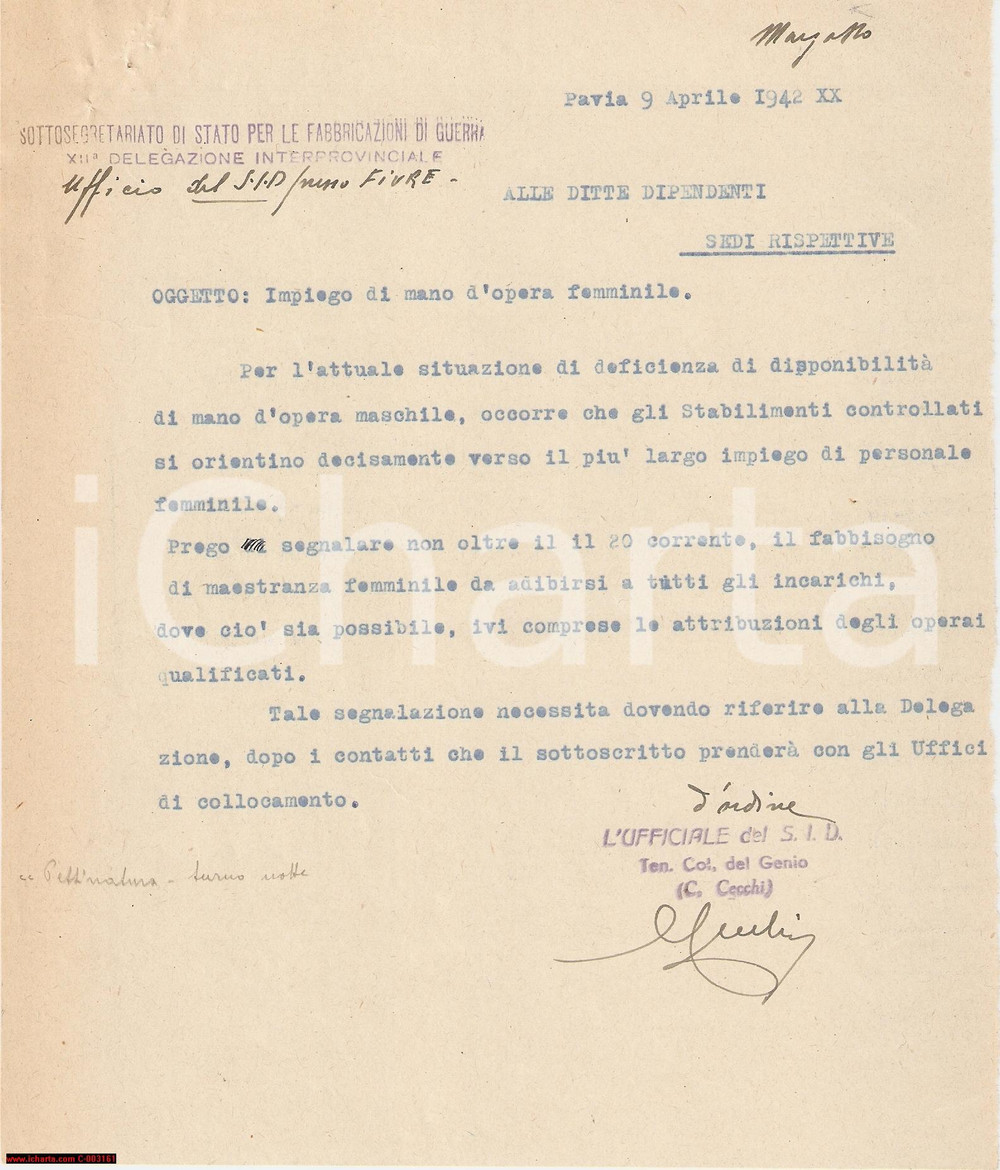 Documento originale, autentico 1942 WW2 PAVIA Aumento manodopera femminile in fabbrica - Documento 1