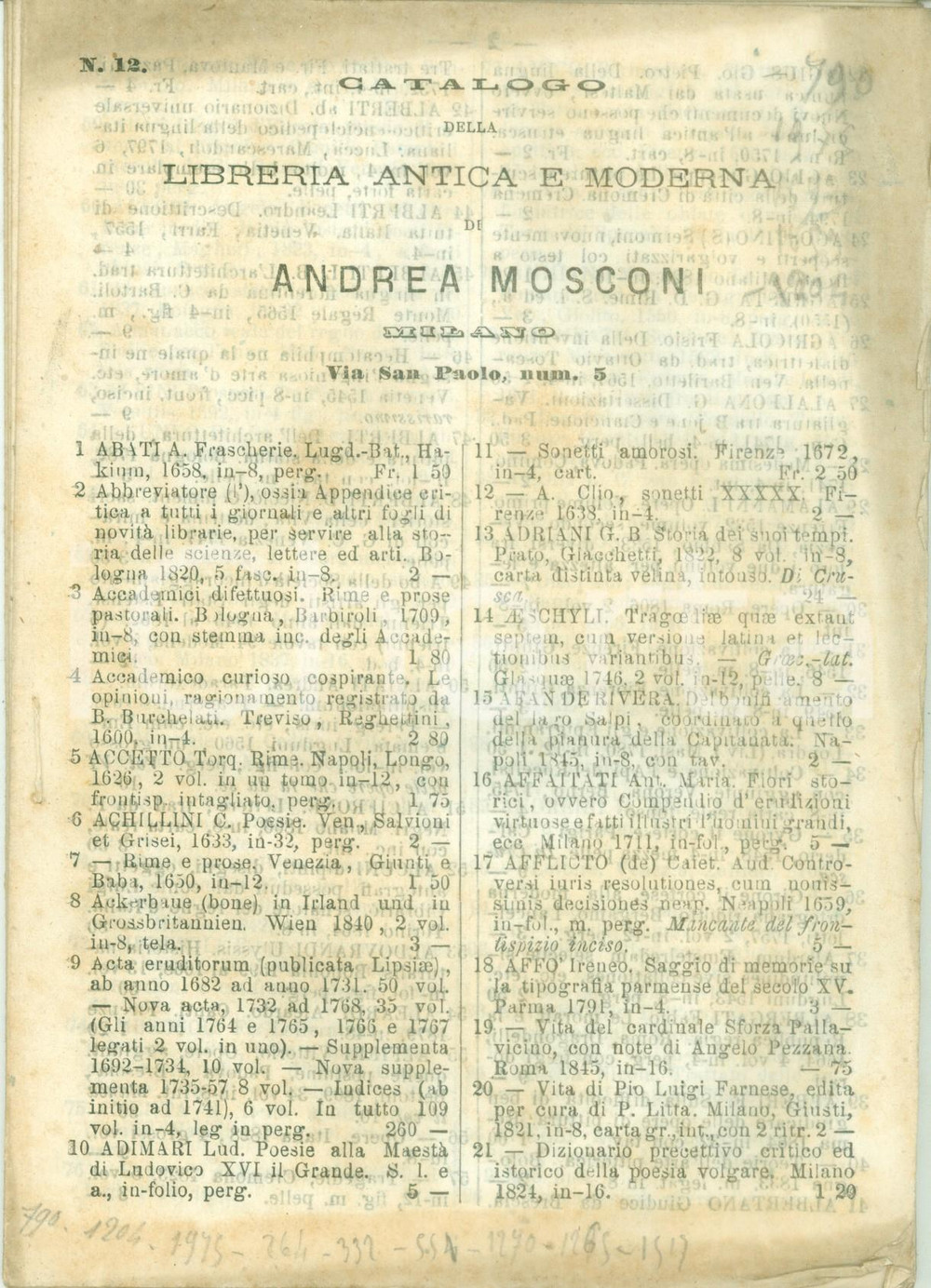 Libro, pubblicazione d epoca 1883 MILANO Via SAN PAOLO Catalogo libreria antica e moderna Andrea MOSCONI 1
