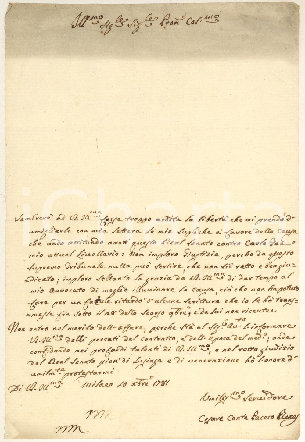 Manoscritto, lettera originale 1781 MILANO Cesare PACHECO DE ROXAS contro un livellario - Lettera 1