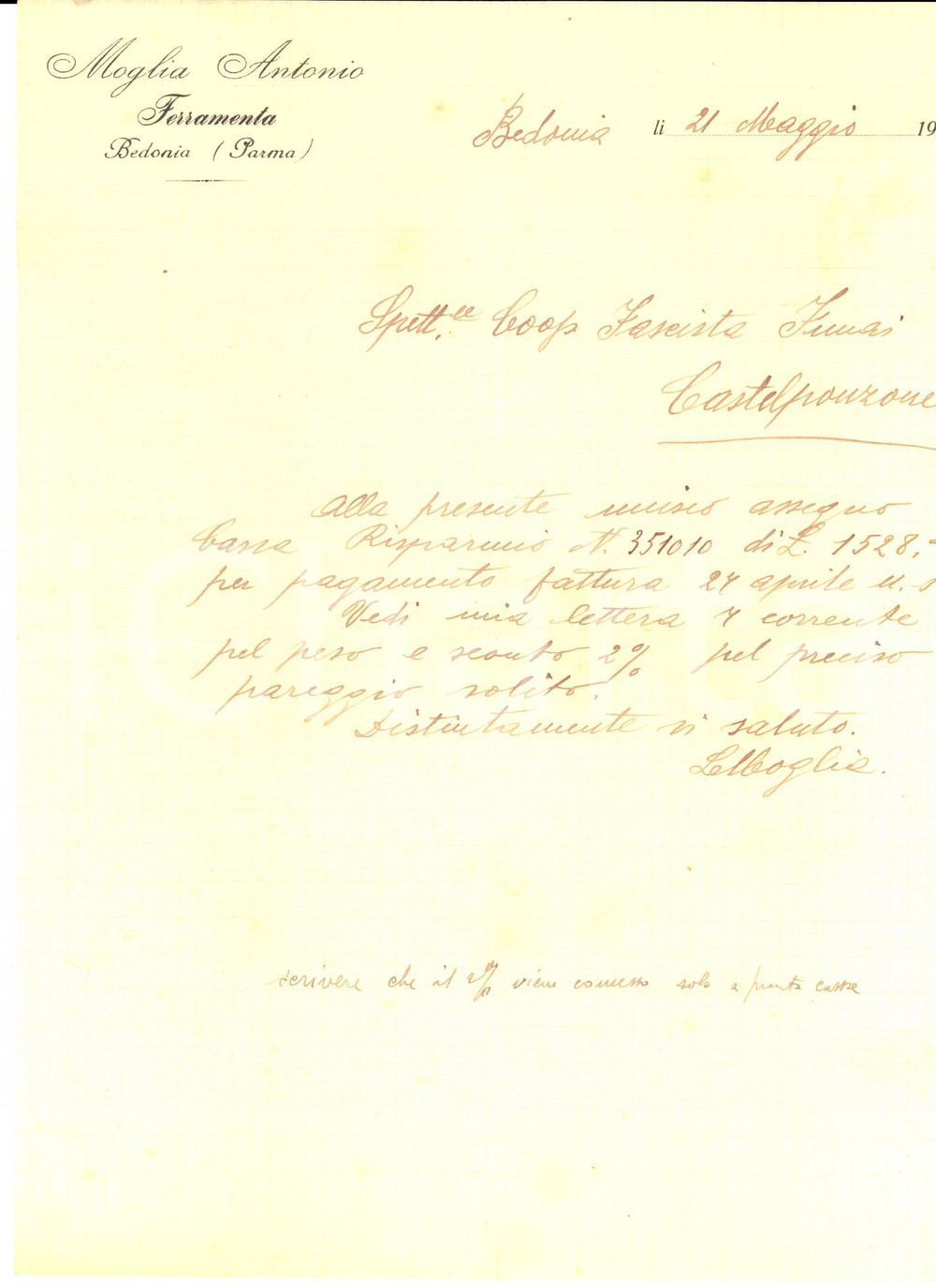 Documento originale, autentico 1928 BEDONIA (PR) Ferramenta Antonio MOGLIA sollecita saldo pregresso *Lettera 1