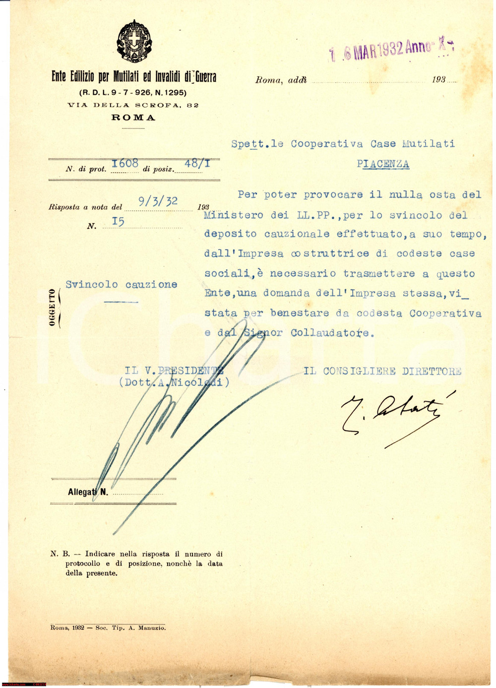 Documento originale, autentico 1932 PIACENZA Case sociali - Cooperativa Case Mutilati - Lettera 1