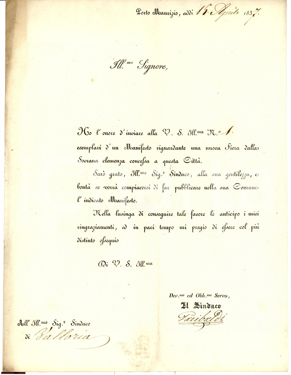 Documento originale, autentico 1837 PORTO MAURIZIO (IM) Invio manifesti per nuova Fiera - Lettera 1