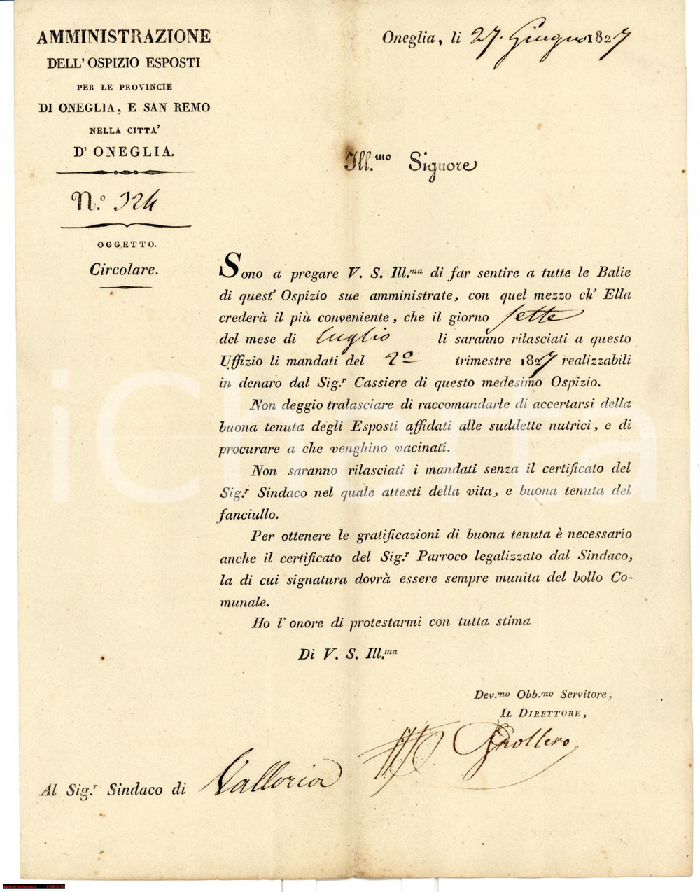 Documento originale, autentico 1827 ONEGLIA Buona tenuta e vaccinazione esposti affidati a nutrici - Lettera 1