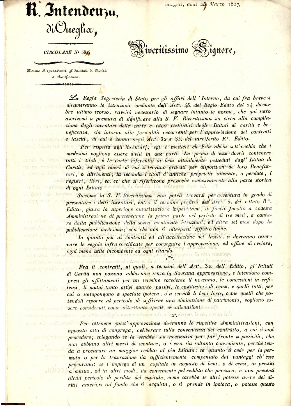 Documento originale, autentico 1837 ONEGLIA (IM) Norme per Istituti CaritÃ  Beneficenza - Documento 1