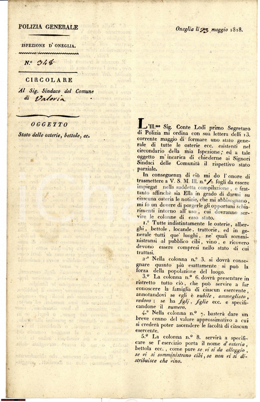 Documento originale, autentico 1818 ONEGLIA (IM) Stato generale di bettole e osterie - Documento 1