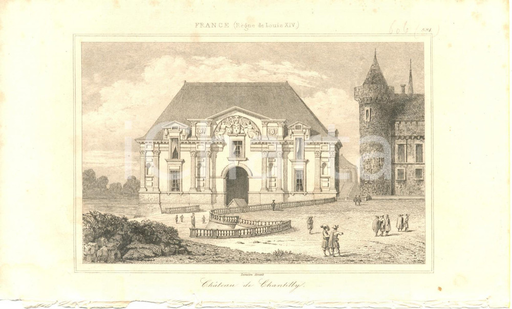 Stampa, bozzetto originale 1840 CHANTILLY (FRANCE) Veduta frontale del Castello *Stampa inc. LEMAITRE 1