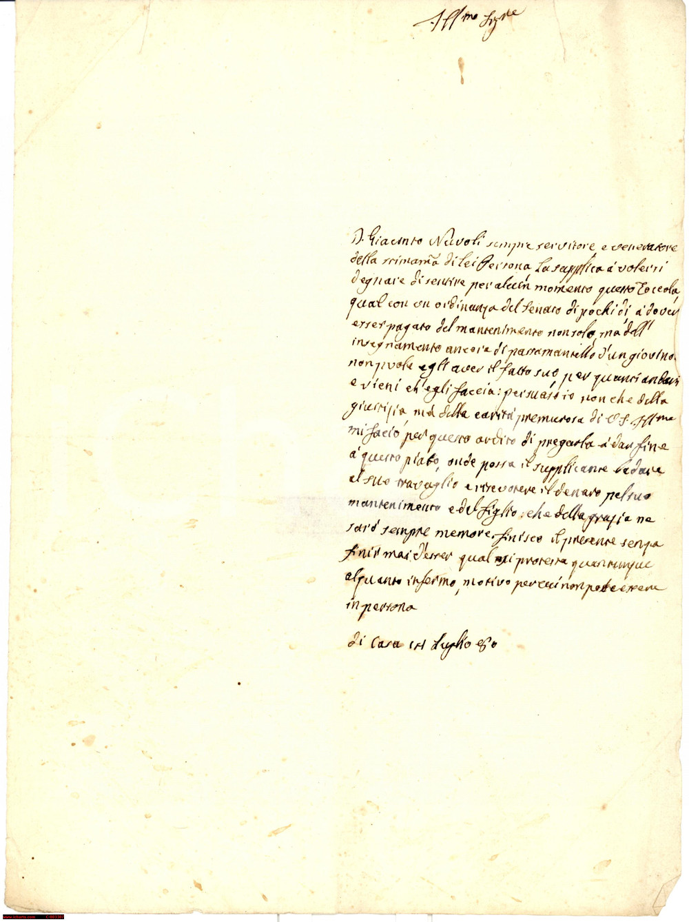 Manoscritto, lettera originale 1780 MONCALIERI (TO) Supplica di don Giacinto NUVOLI per il compenso di un padre 1