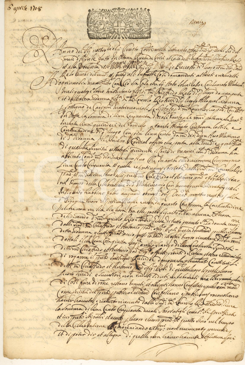 Documento originale, autentico 1708 OSTANA (CN) Dote a Giovanna RIO per affetto del nonno - Manoscritto 1