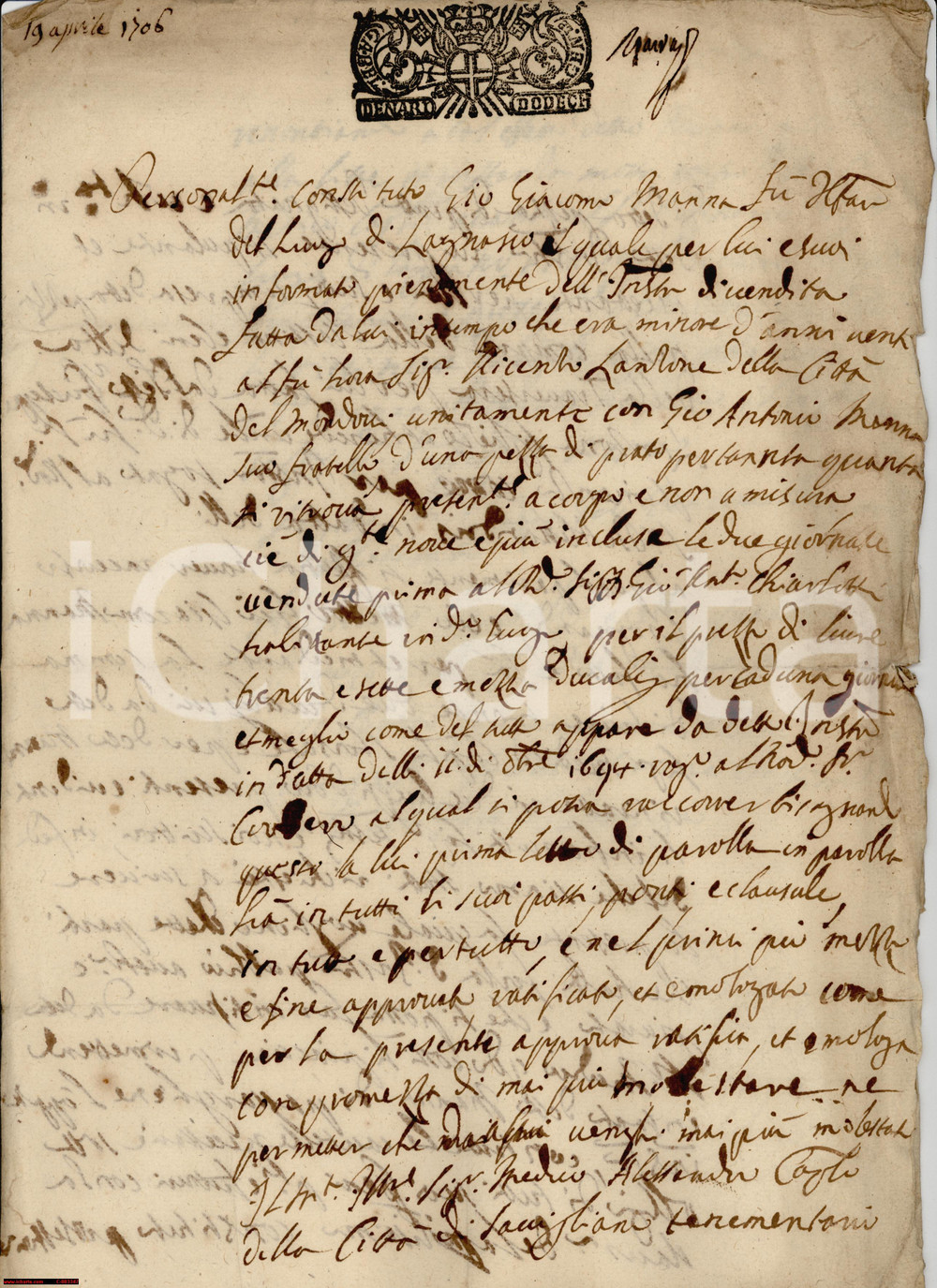 Documento originale, autentico 1706 LAGNASCO CN Vendita di un prato di Giovanni Giacomo MANNA Manoscritto 1