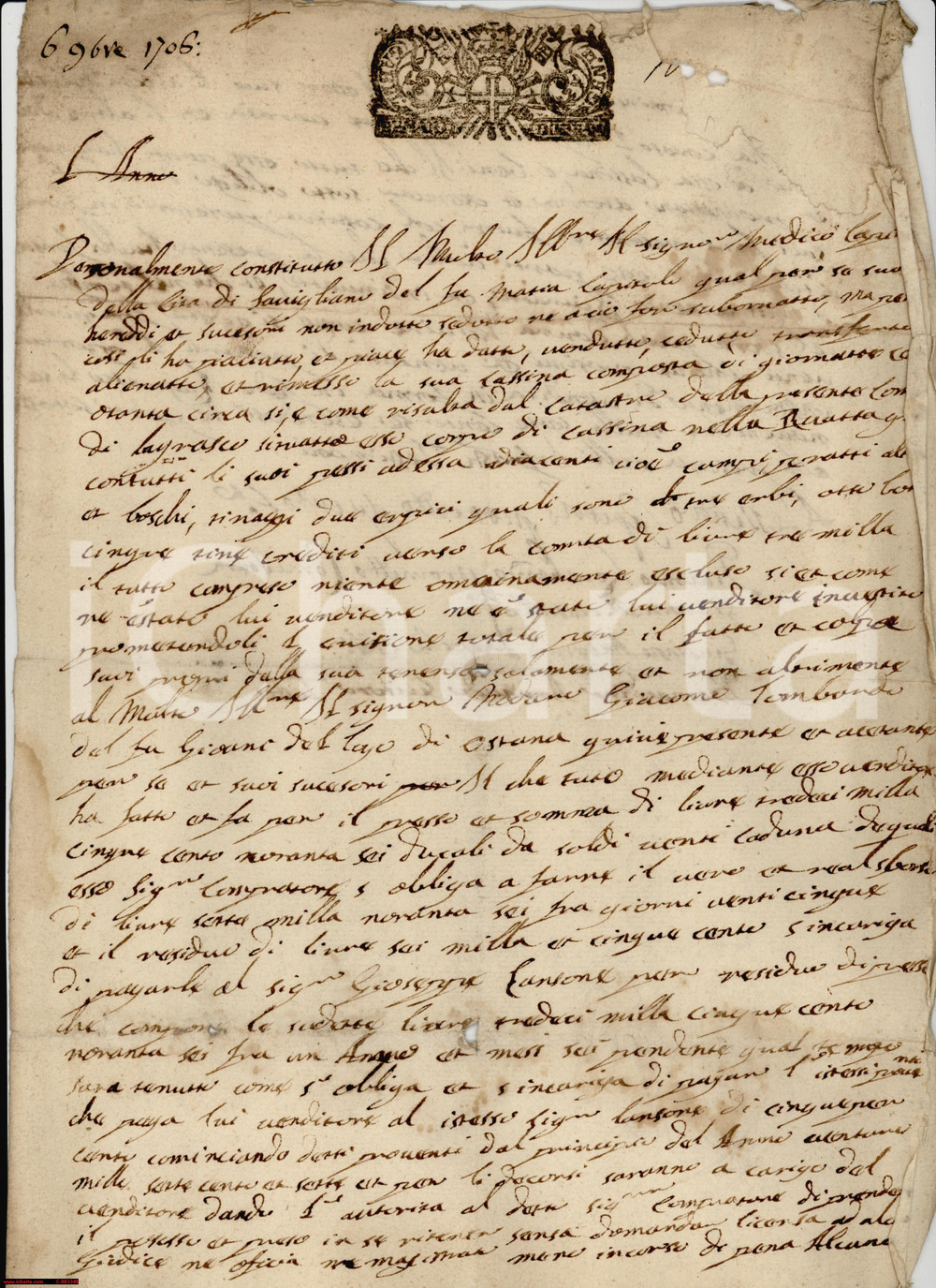 Documento originale, autentico 1706 LAGNASCO CN Alessandro CAPITOLI vende cascina a Giacomo LOMBARDO 1