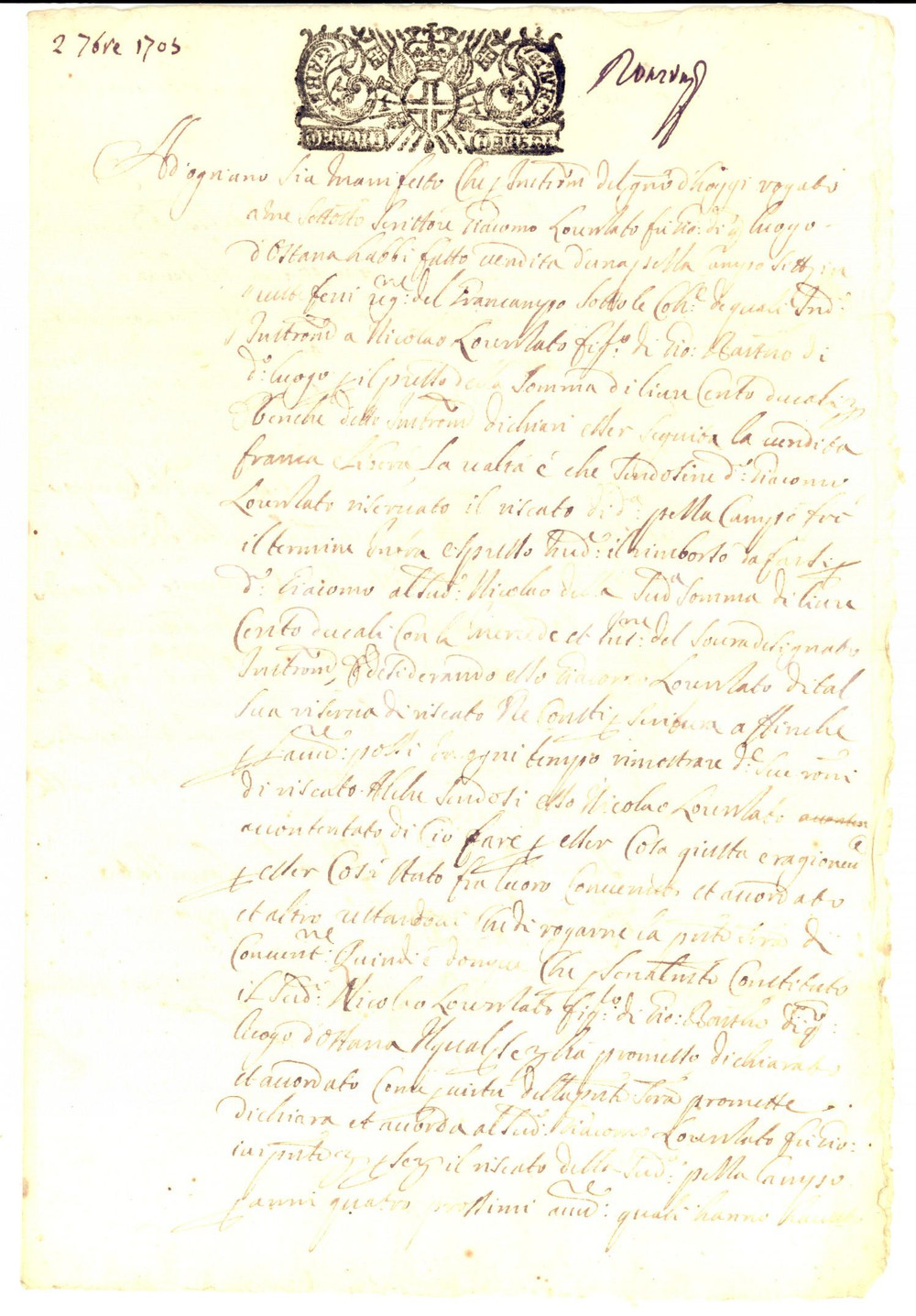 Documento originale, autentico 1705 OSTANA CN Giacomo LORENZATO vende prato con clausola di riscatto 1